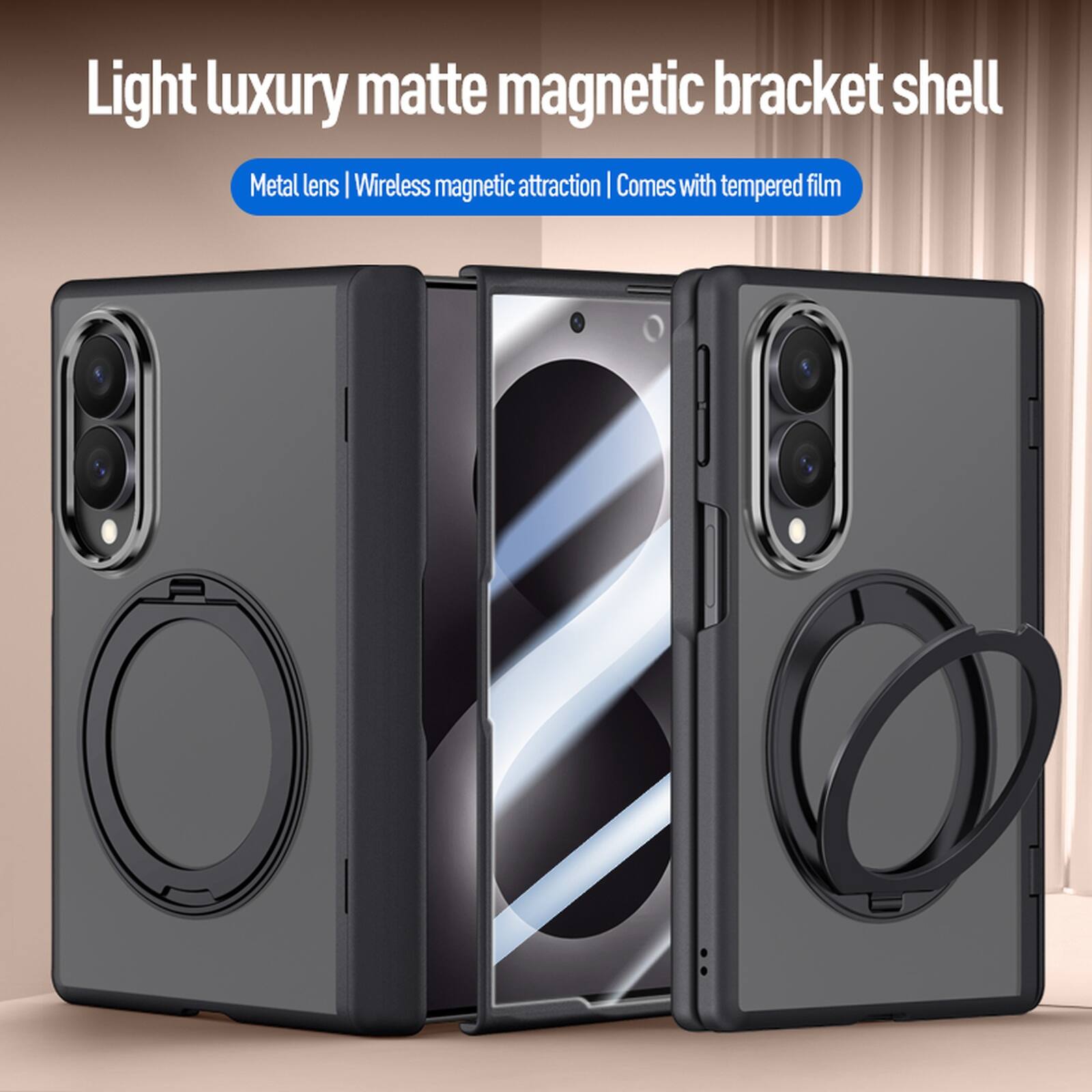 Light luxury matte magnetic bracket shell  
Metal lens | Wireless magnetic attraction | Comes with tempered film