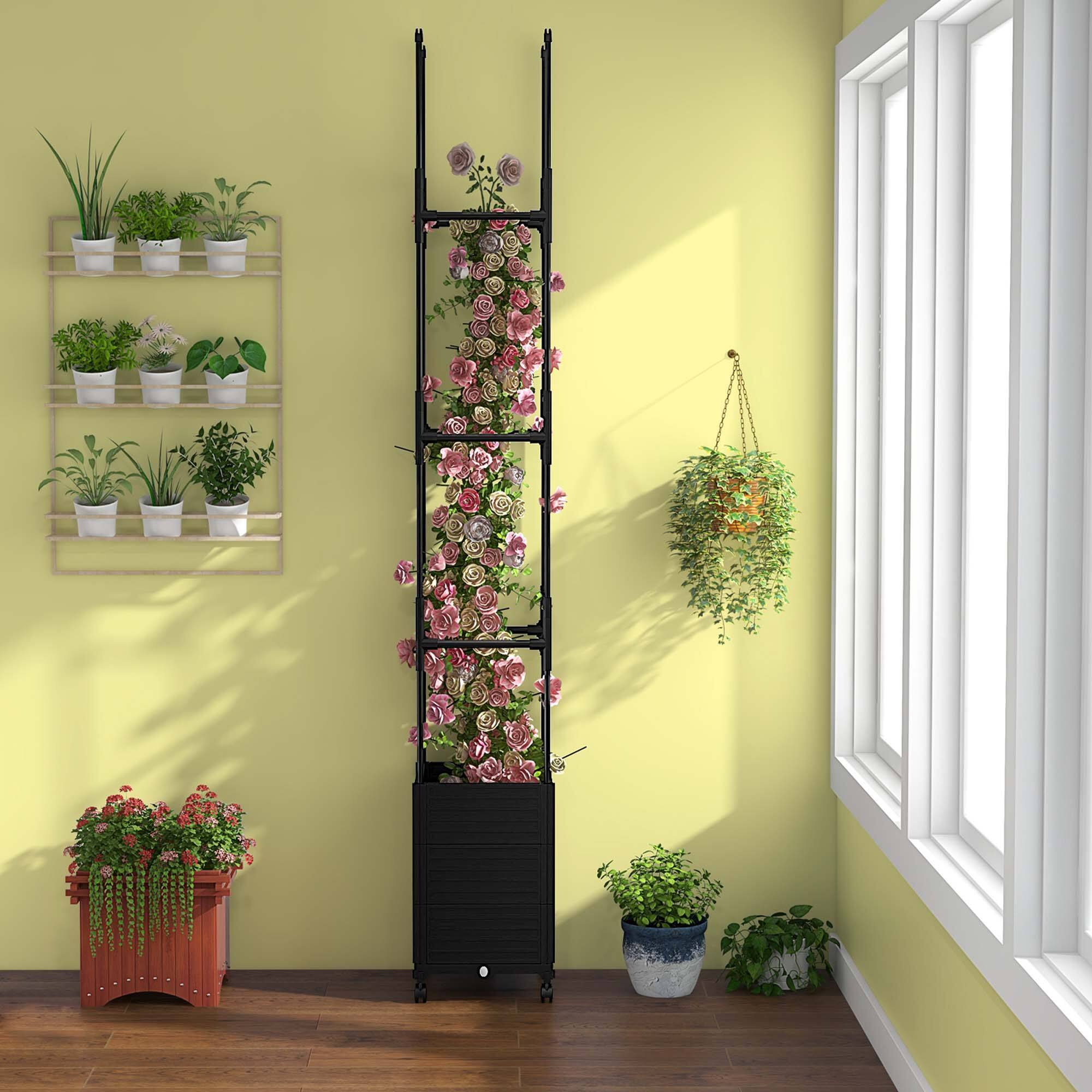 Alt View 2. Costway - 1 PCS Raised Garden Bed with Trellis and Wheels Self-Watering Planter Box with 3 Heights - Black.