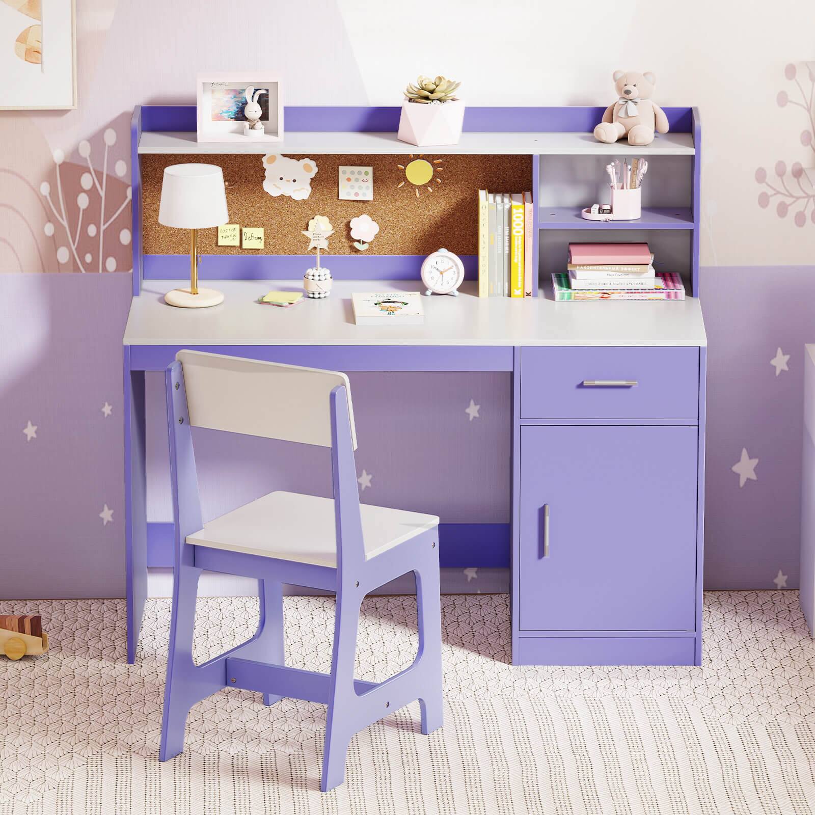 Alt View 1. Costway - Costway Kids Study Desk and Chair Set Wooden Children Writing Table with Shelves & Drawer - Purple.