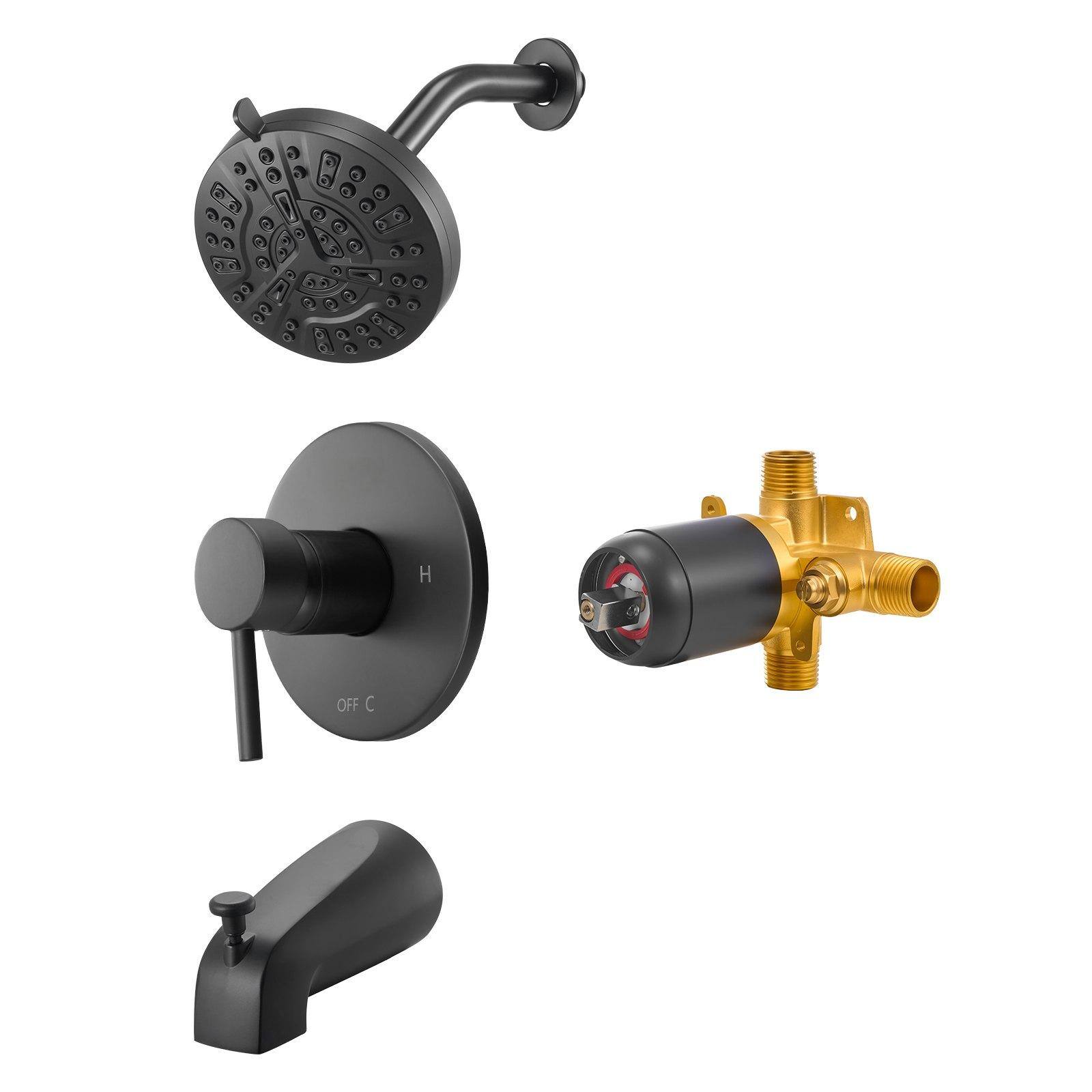 Alt View 8. Glintex - Tub and Shower Faucet Set, 5 in Rain Shower Head with Tub Spout, 8 Setting Spray, Single Handle with Brass Valve - Matte Black.