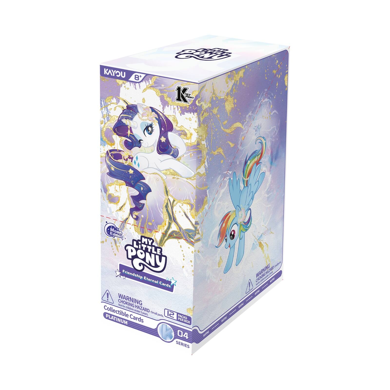 UCYAN 8+  
PONU LiTTLE K- MENT  
Moon Edition - MY LITTLE PONY Friendship Eternal Cards !  
WARNING CHOKING HAZARD Collectible Cards under 3 years Small parts  
12 PACKS PER BOX  
PLATINUM  
04 SERIES