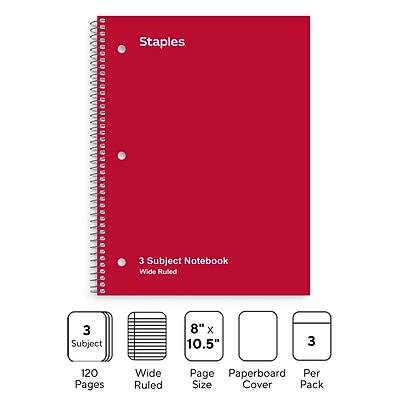 Staples  
3 Subject Notebook  
Wide Ruled  

3 Subject  
120 Pages  
Wide Ruled  
8" x 10.5"  
Paperboard Cover  
3 Per Pack