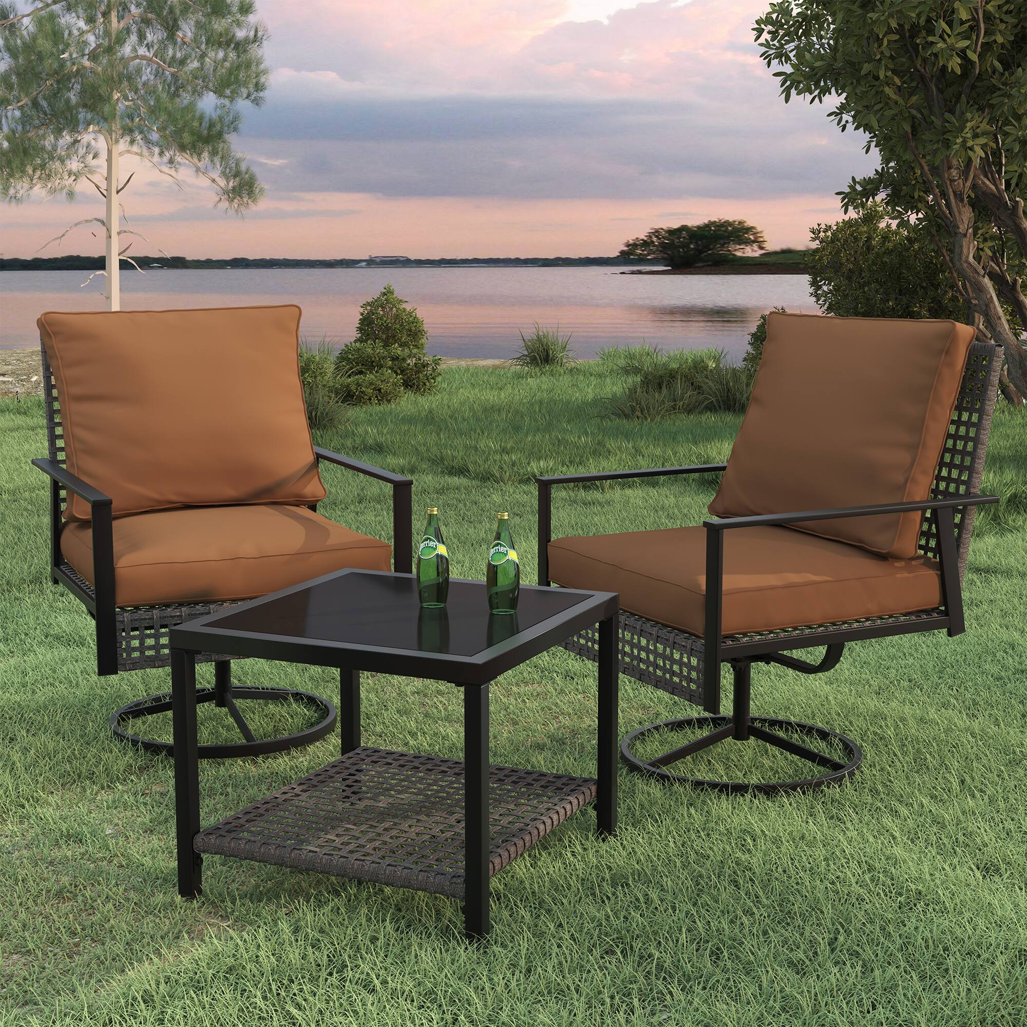 Alt View 1. Ainfox - Ainfox 3 Pieces Patio Wicker Chairs Swivel Rocker - Beige.