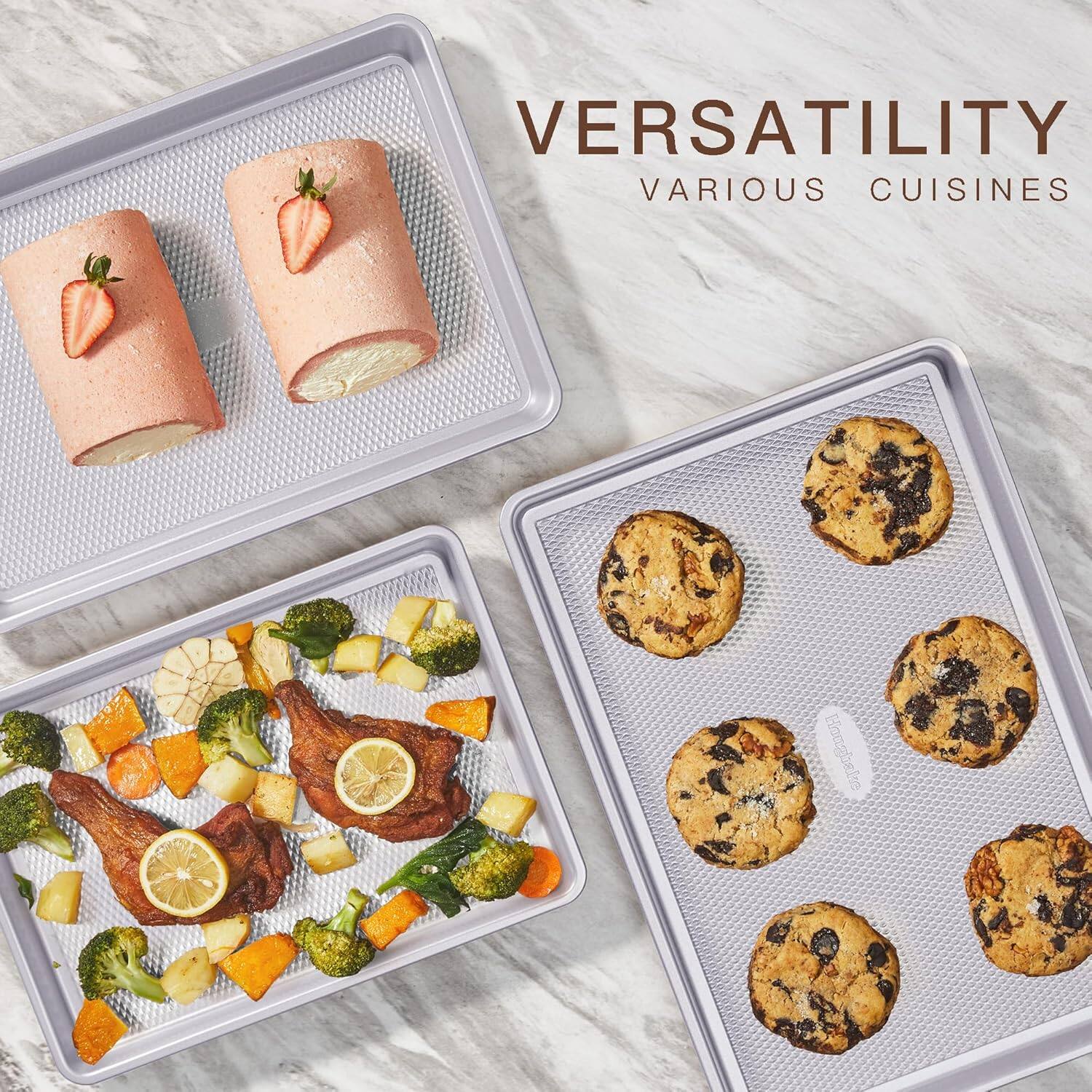 HONGBAKE - 3 Pack Nonstick Ceramic Baking Sheet Pan Set for Oven, Heavy Duty 0.8mm Thick Aluminized Steel Cookie Trays for Cooking - Gray - Thumbnail 3