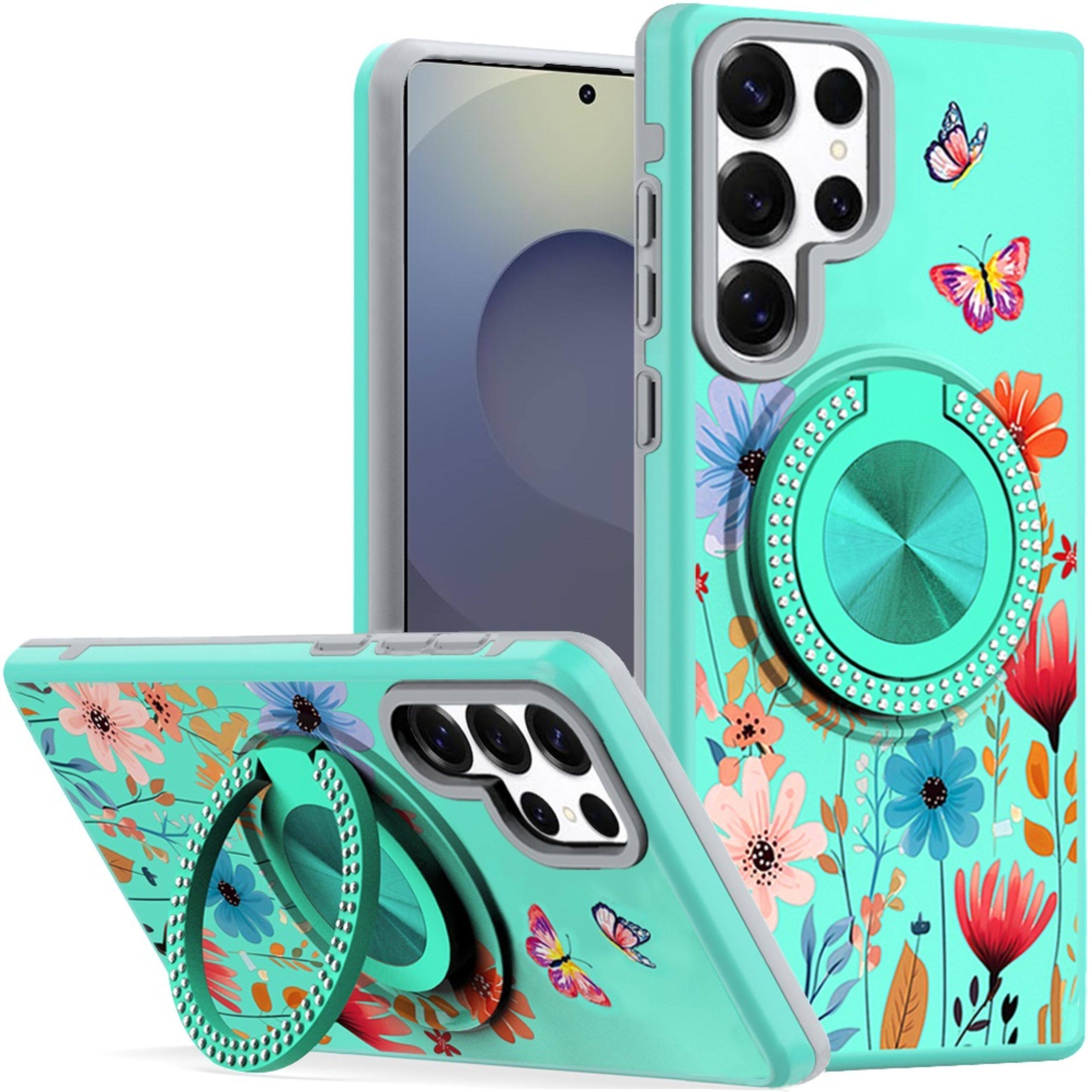 Front. Kitcheniva - Printed Design Case With Bling 360 Stand Plus Tempered Glass For Samsung S25 Ultra Wild Flower - Multicolor.