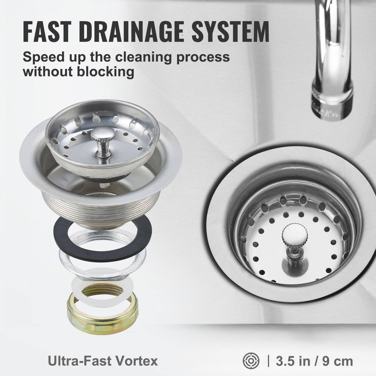 FAST DRAINAGE SYSTEM  
Speed up the cleaning process without blocking  

Ultra-Fast Vortex  

3.5 in / 9 cm