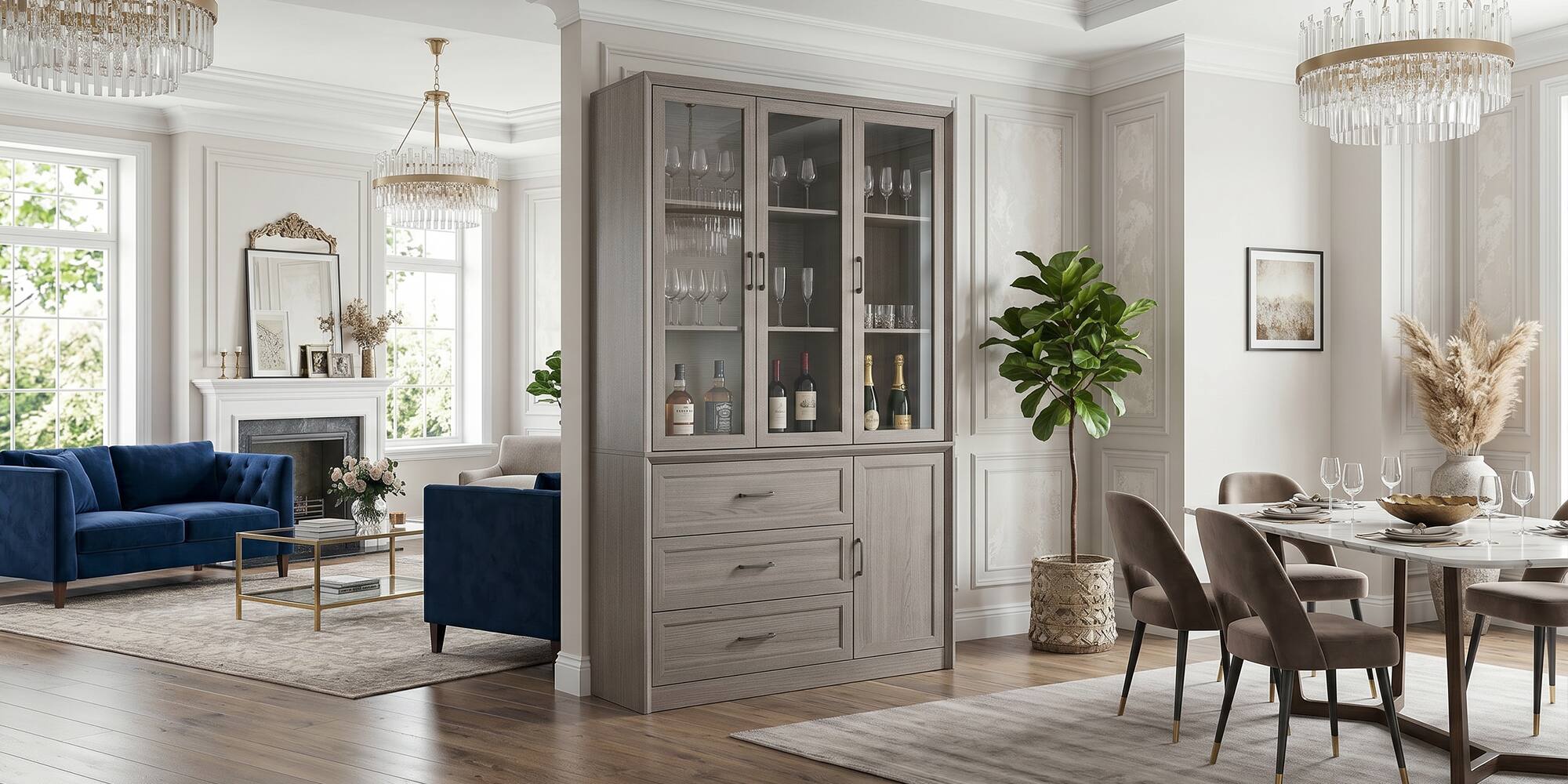 Alt View 6. FUFU & GAGA - Modern Grey Curio Cabinet with Glass Doors & Drawers, Dining Room Sideboard for Wine Glasses Storage, Anti-Tip - Gray.