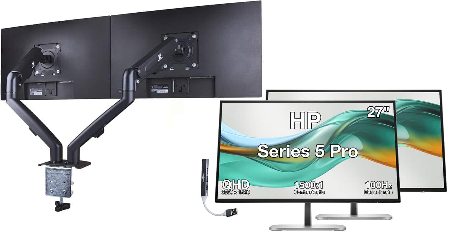 HP - Series 5 Pro 27" QHD IPS Monitor, Flicker Free, HDMI, Displayport, 2 Pack w/DKZ Hub & ErgoFlexy Dual Mount Arms - Black/Silver