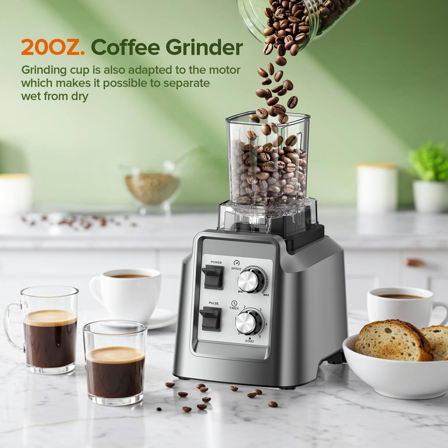 20OZ. Coffee Grinder Grinding cup is also adapted to the motor which makes it possible to separate wet from dry PUNES PULSE SPEED - CRASTIMLISE I ES d 1 START
