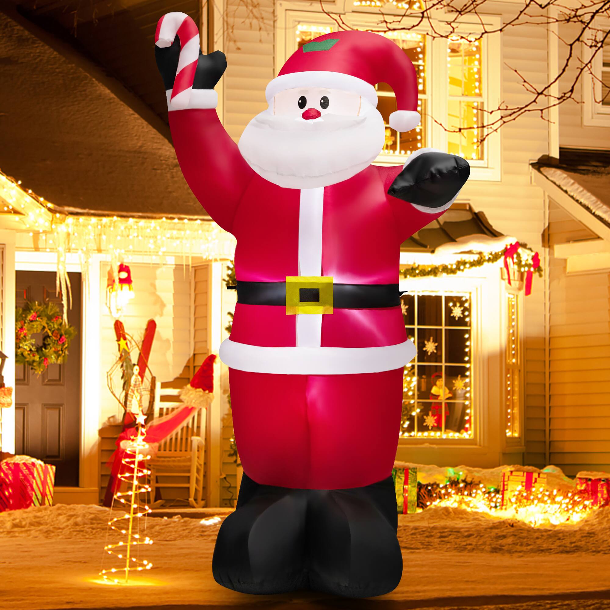 Alt View 2. Costway - 8 FT Inflatable Santa Claus Holding Crutch Lollipop Blow-up Christmas Decoration - Multicolor.
