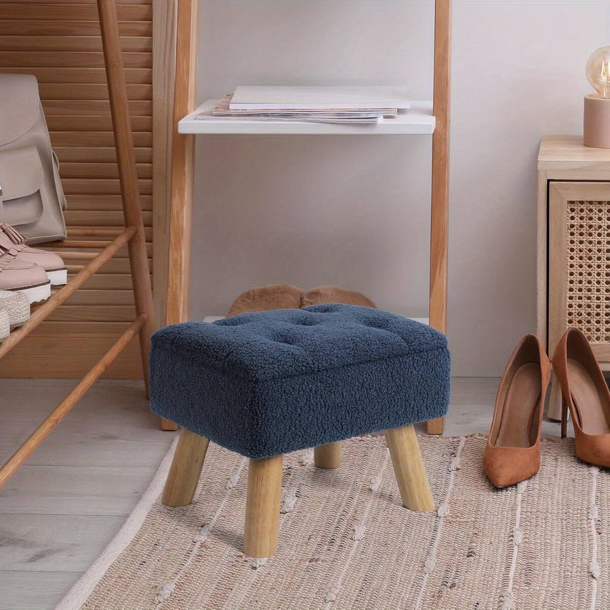 Alt View 3. Oumilen - Navy Blue Tufted Teddy Fleece Storage Ottoman – 4 Natural Wood Legs Multifunctional Bench for Entryway Bedroom - Blue.