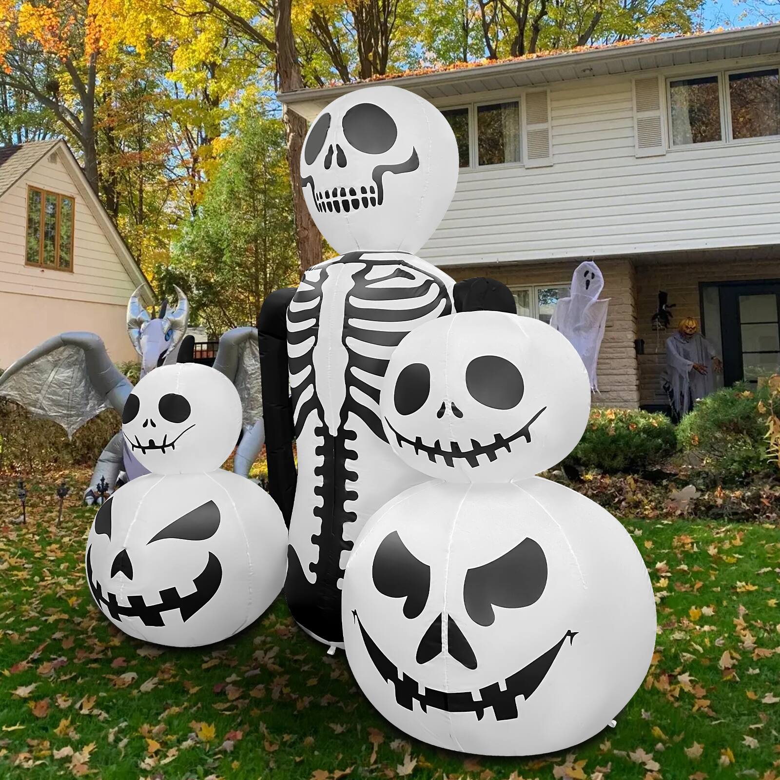 Back. GOOSH Inflatables - GOOSH 6FT Inflatable Skeleton with Pumpkins – Light-Up Halloween Yard Decoration - White.