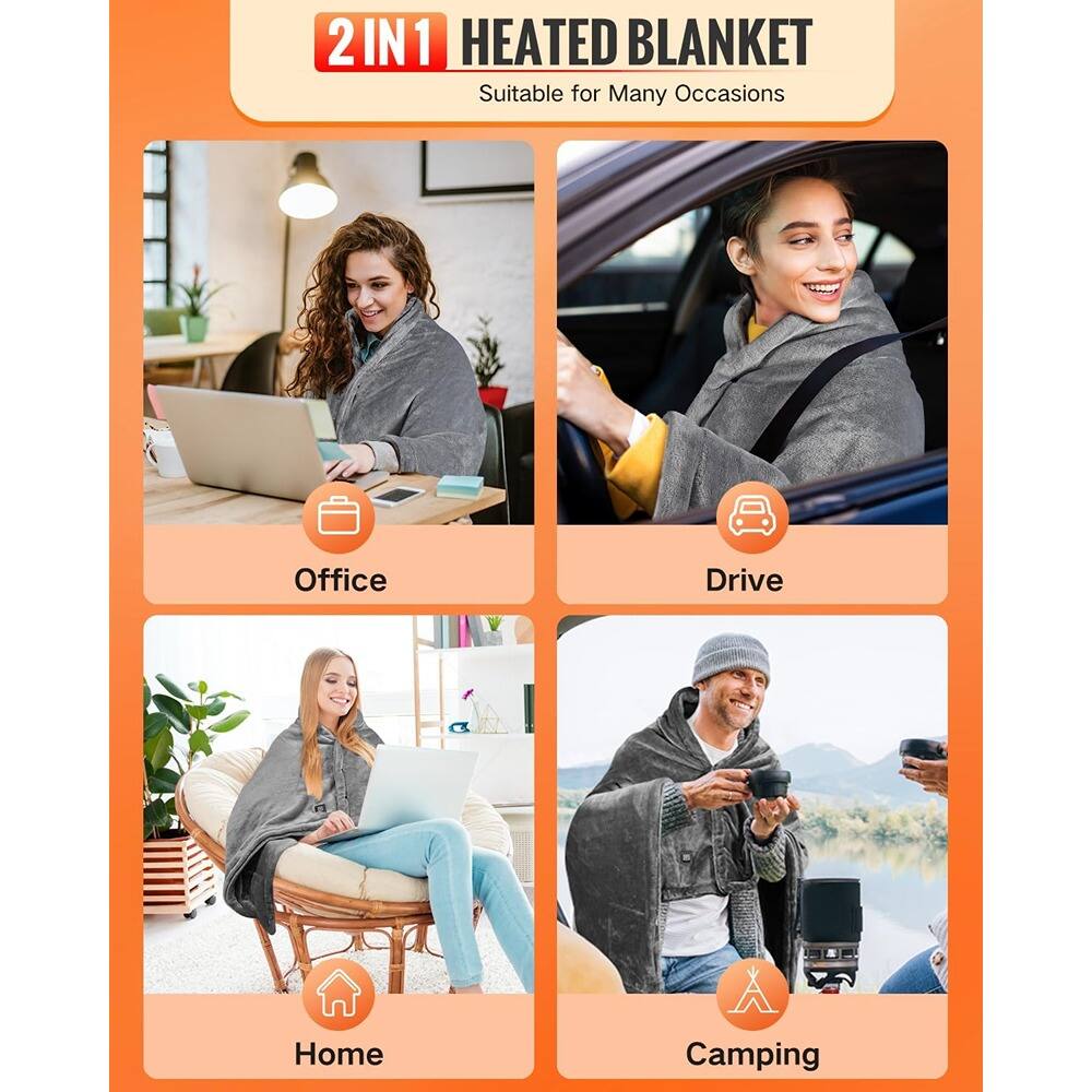 2 IN 1 HEATED BLANKET  
Suitable for Many Occasions  

- Office  
- Drive  
- Home  
- Camping