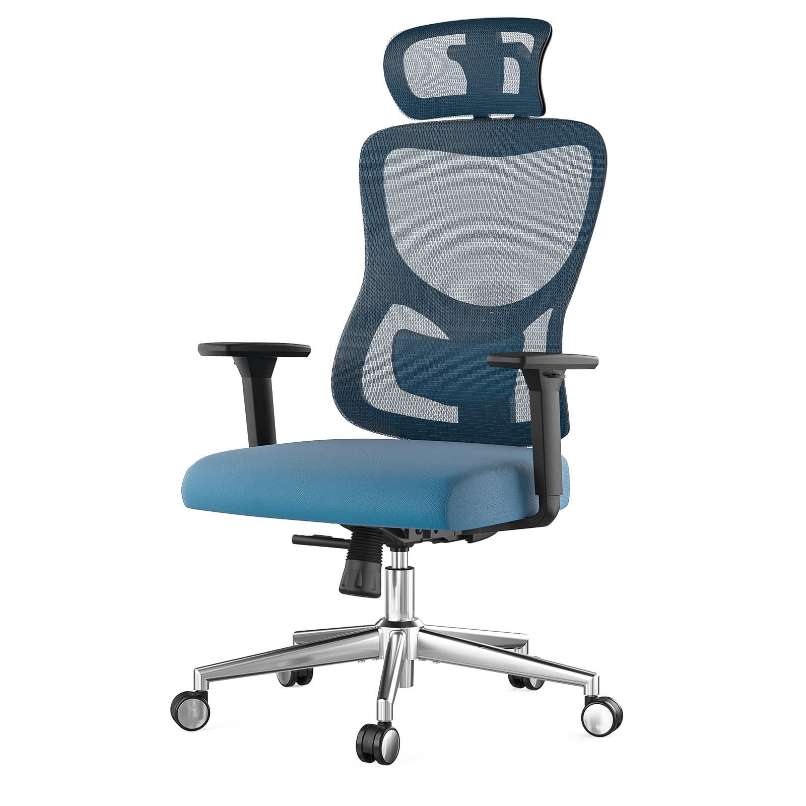 Spaco - Executive Office Ergonomic Mesh Chair with Adjustable Lumbar Support, Headrest, 3D Armrest, Reclining Swivel - Black+Navy Blue