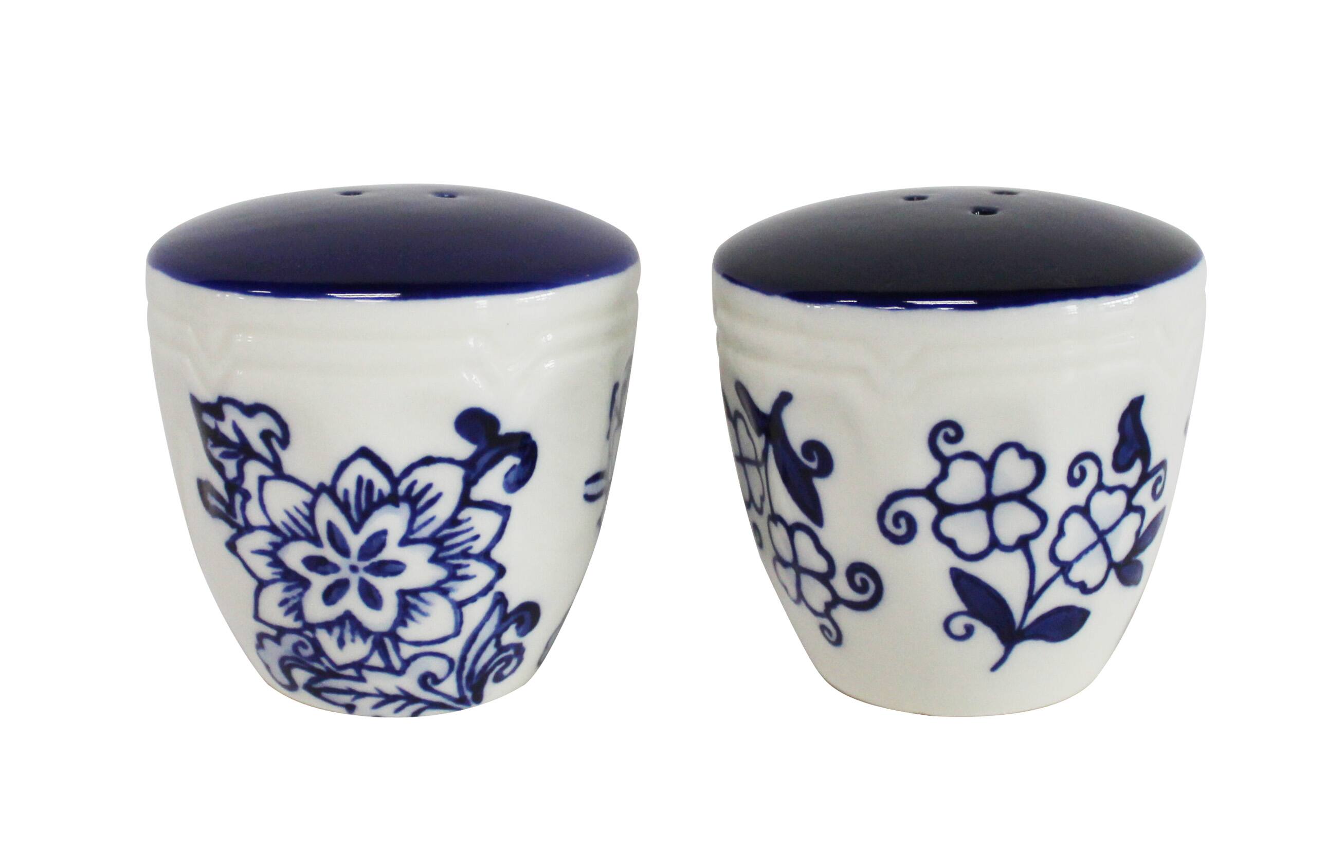 Angle. Euro Ceramica Home - Blue Garden Hand-Painted Stoneware Table Accessory Set - Salt and Pepper Shakers and Napkin Holder - Blue and White.