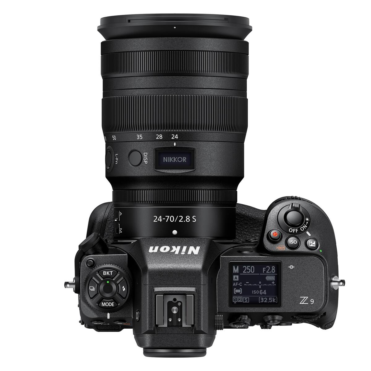 50 L-Fn 35 DISP 28 24 NIKKOR A_ 24-70/2.8 S Nikon OFF ON* ISO 7 BKT MODE 5 M 250 F2.8 A ww . AF-C IS064 ISO il 2 S 32.5k Z 9