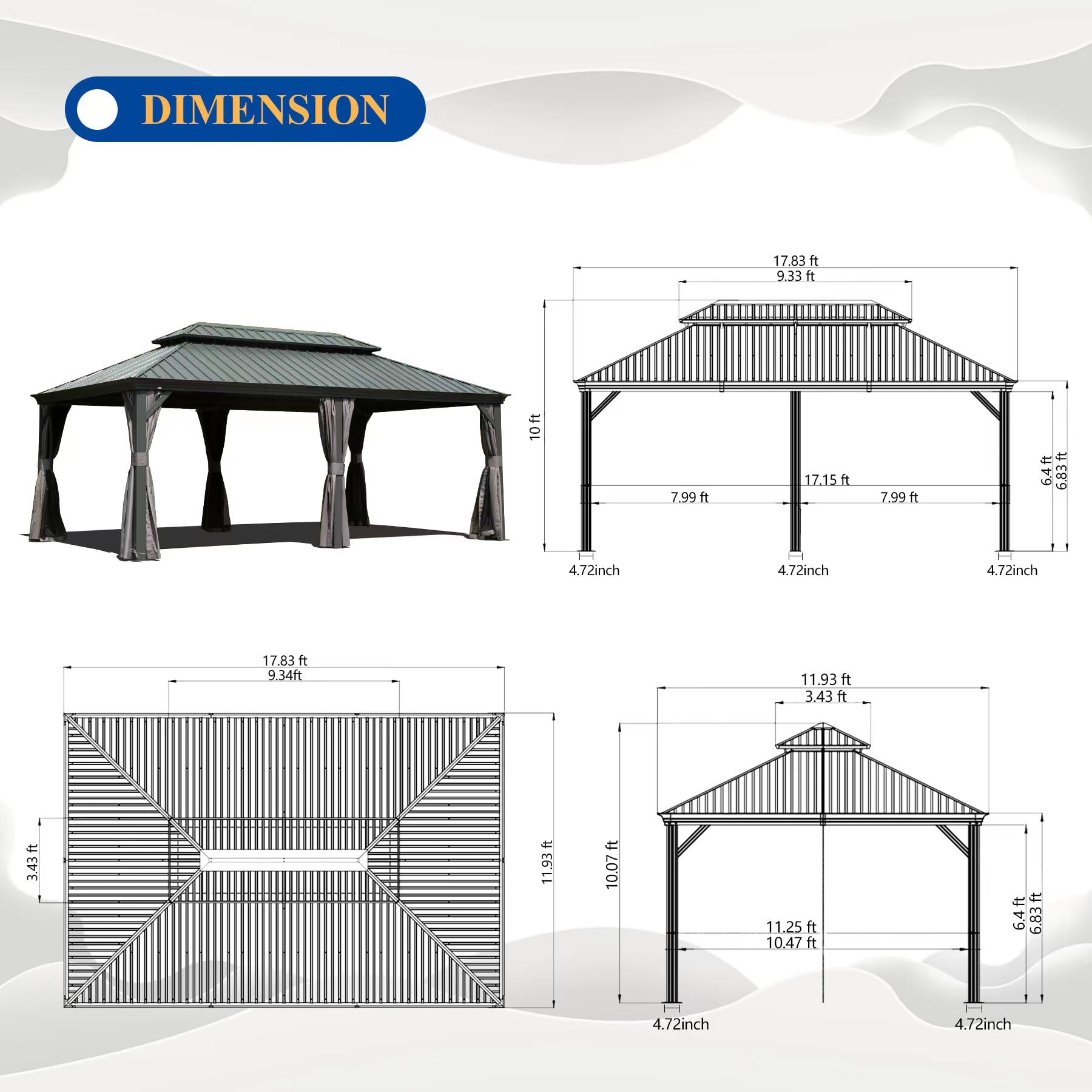 DIMENSION

17.83 ft  
9.33 ft  
10 ft  
7.99 ft  
17.15 ft  
7.99 ft  
6.4 ft  
6.83 ft  
4.72 inch  
4.72 inch  
4.72 inch  
17.83 ft  
9.34 ft  
11.93 ft  
3.43 ft  
3.43 ft  
11.93 ft  
10.07 ft  
11.25 ft  
10.47 ft  
6.4 ft  
6.83 ft  
4.72 inch  
4.72 inch