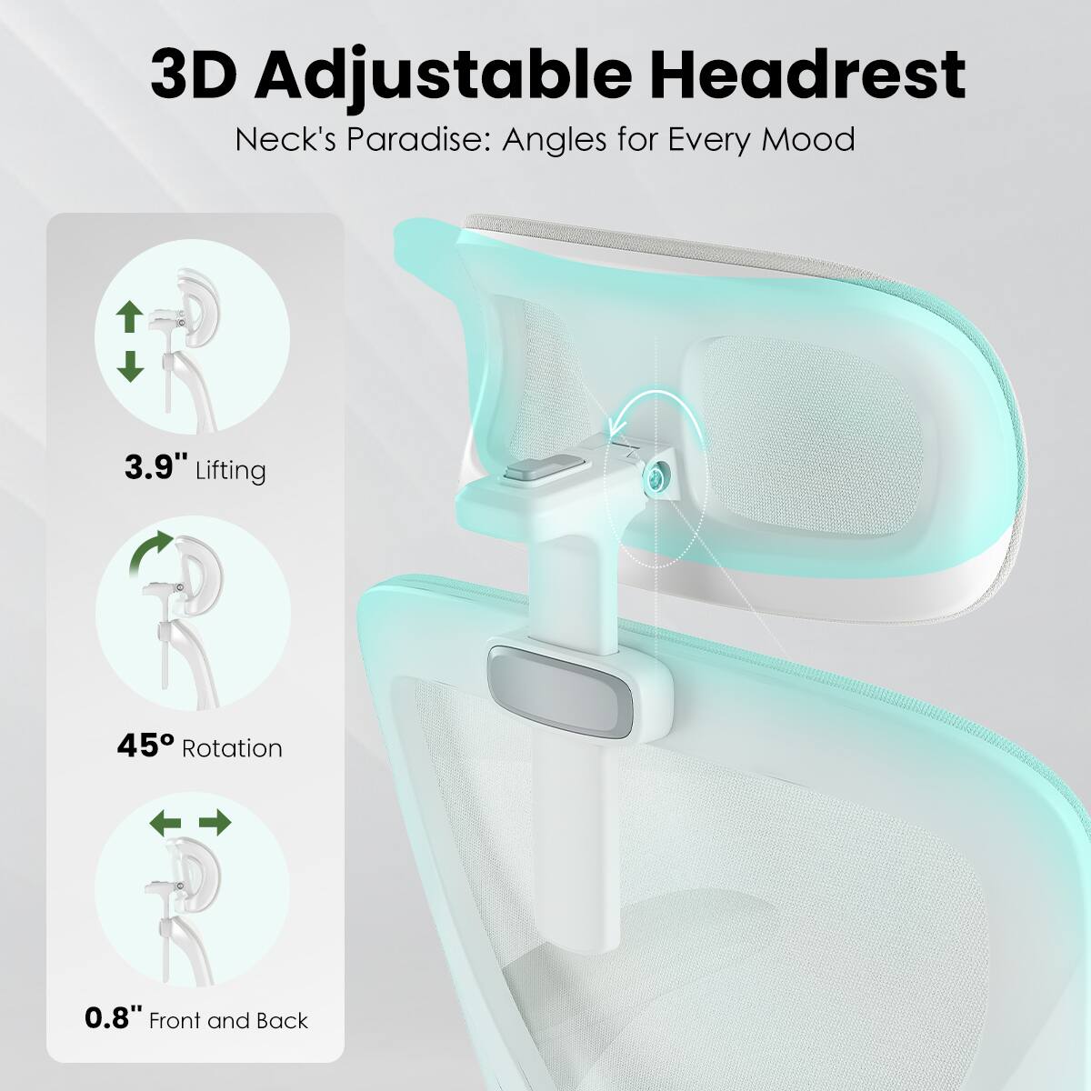 3D Adjustable Headrest  
Neck's Paradise: Angles for Every Mood  

- 3.9" Lifting  
- 45° Rotation  
- 0.8" Front and Back