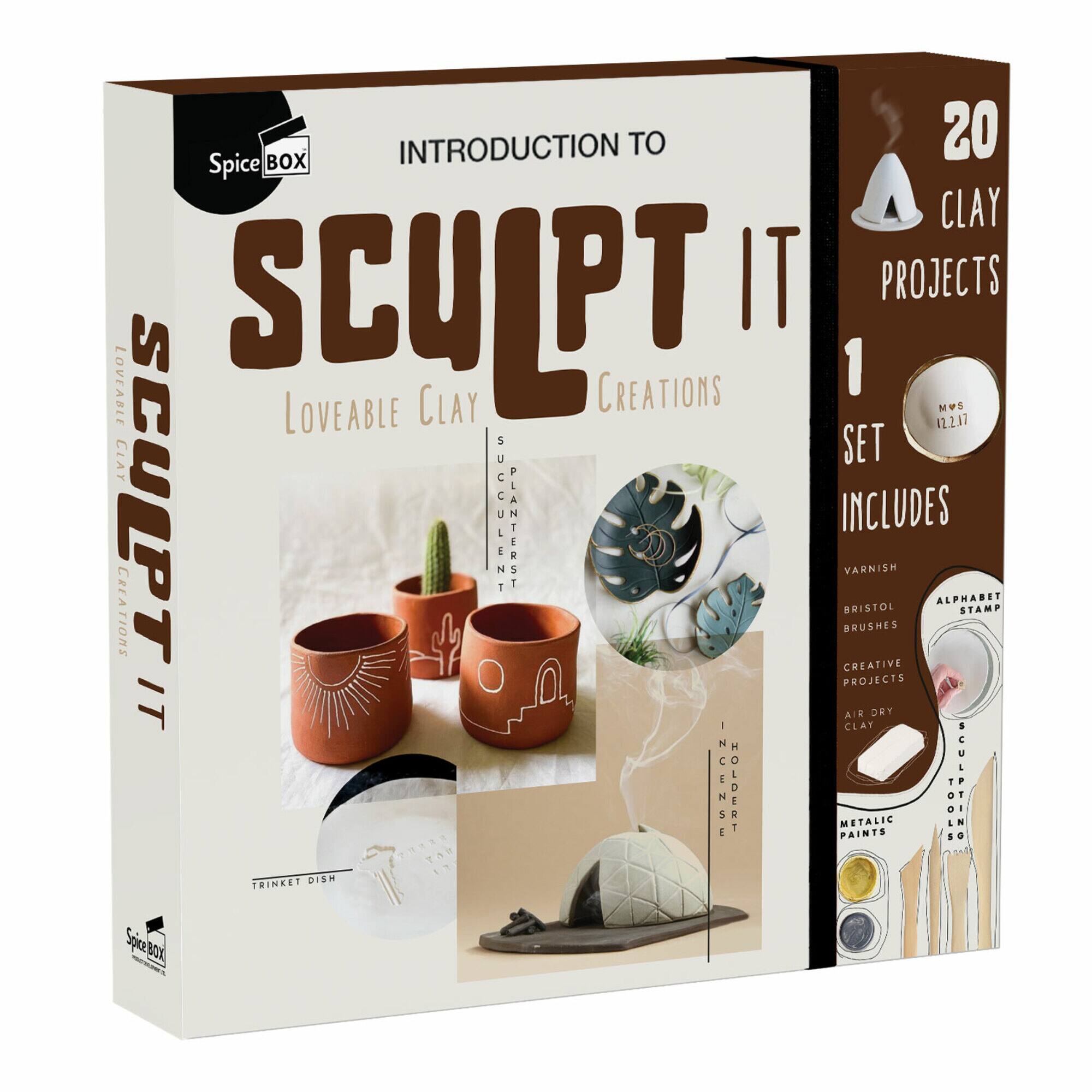 Introduction to 20 Spice Box Clay It Projects: Lovable Clay Creations 1 Set Includes Brushes, Creative Bristol Varnish, Alphabet Stamp Projects, It Air Dry Holder, Metalic Paints, G.S. F314, Trinket Dish, Soux Box, and Clay Tutorials.