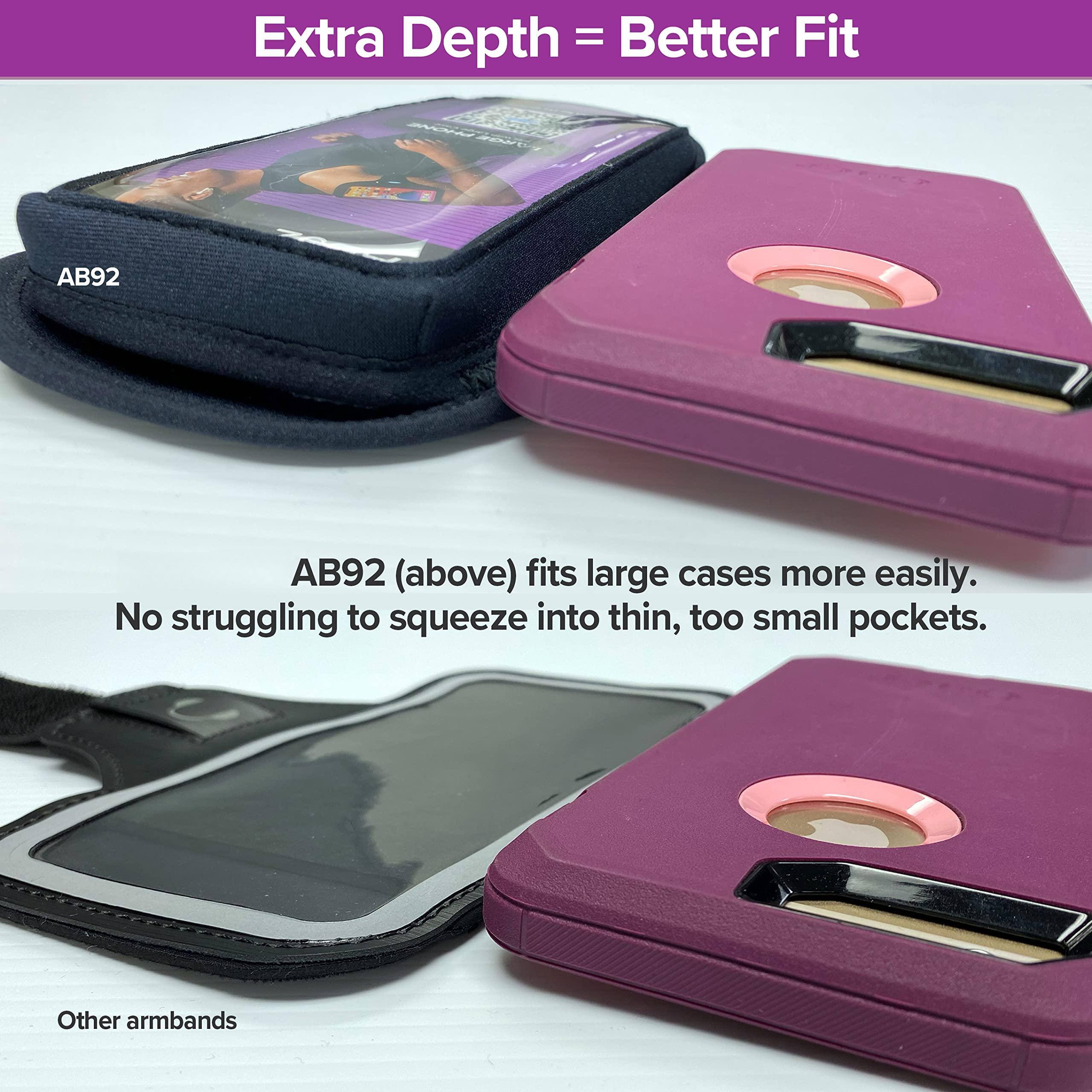 Extra Depth = Better Fit

AB92 (above) fits large cases more easily. No struggling to squeeze into thin, too small pockets.

Other armbands