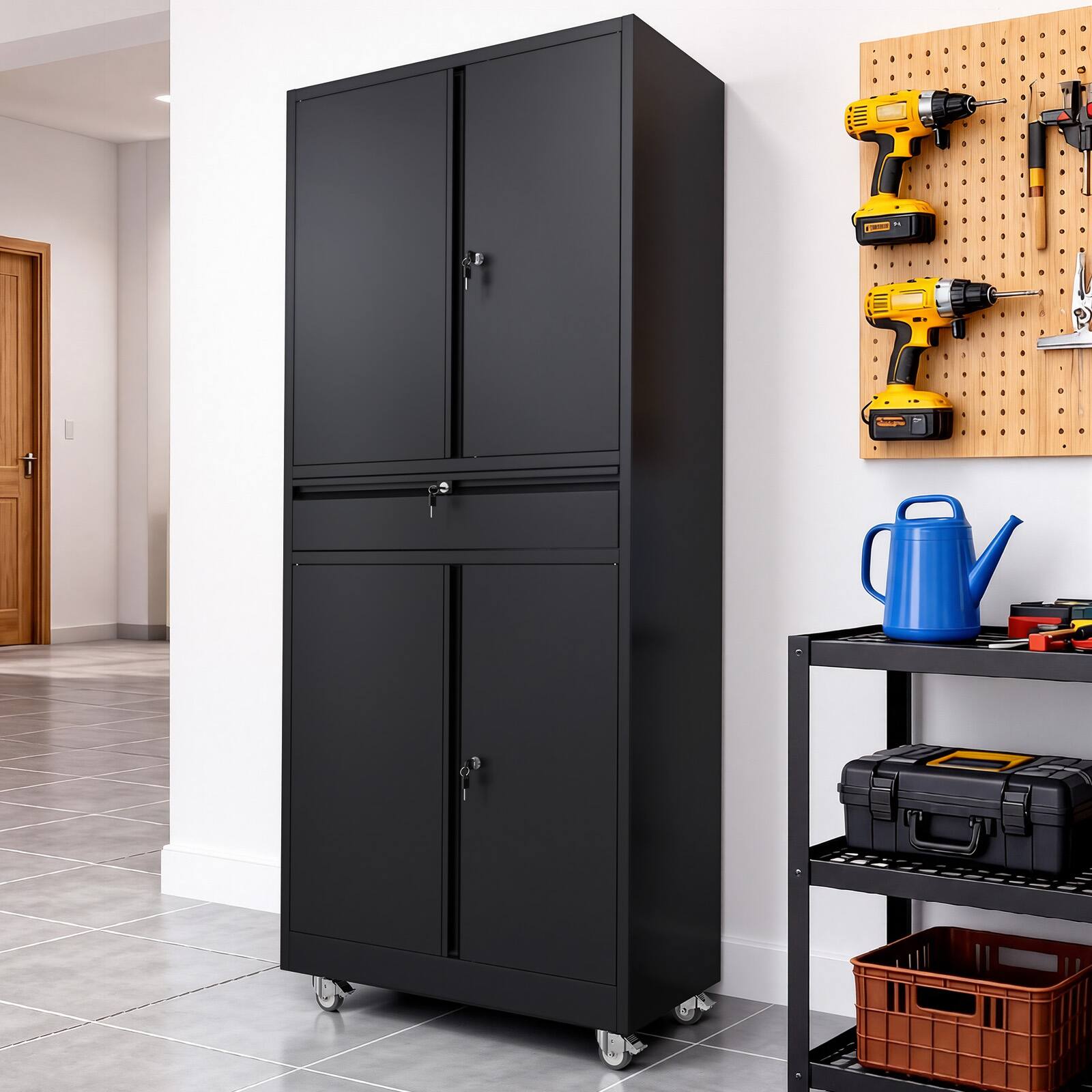 Alt View 3. Winado - 71" Heavy Duty Metal Storage Cabinet with Drawer & Wheels & Locking System & Shelves for Garages, Warehouses, Workshops - Black.