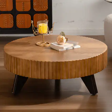Front. Trinkets Crazed - Solid Round Coffee Table, Pedestal Design With Rustic Wood Grain | Space-Saving Accent Table - Natural.
