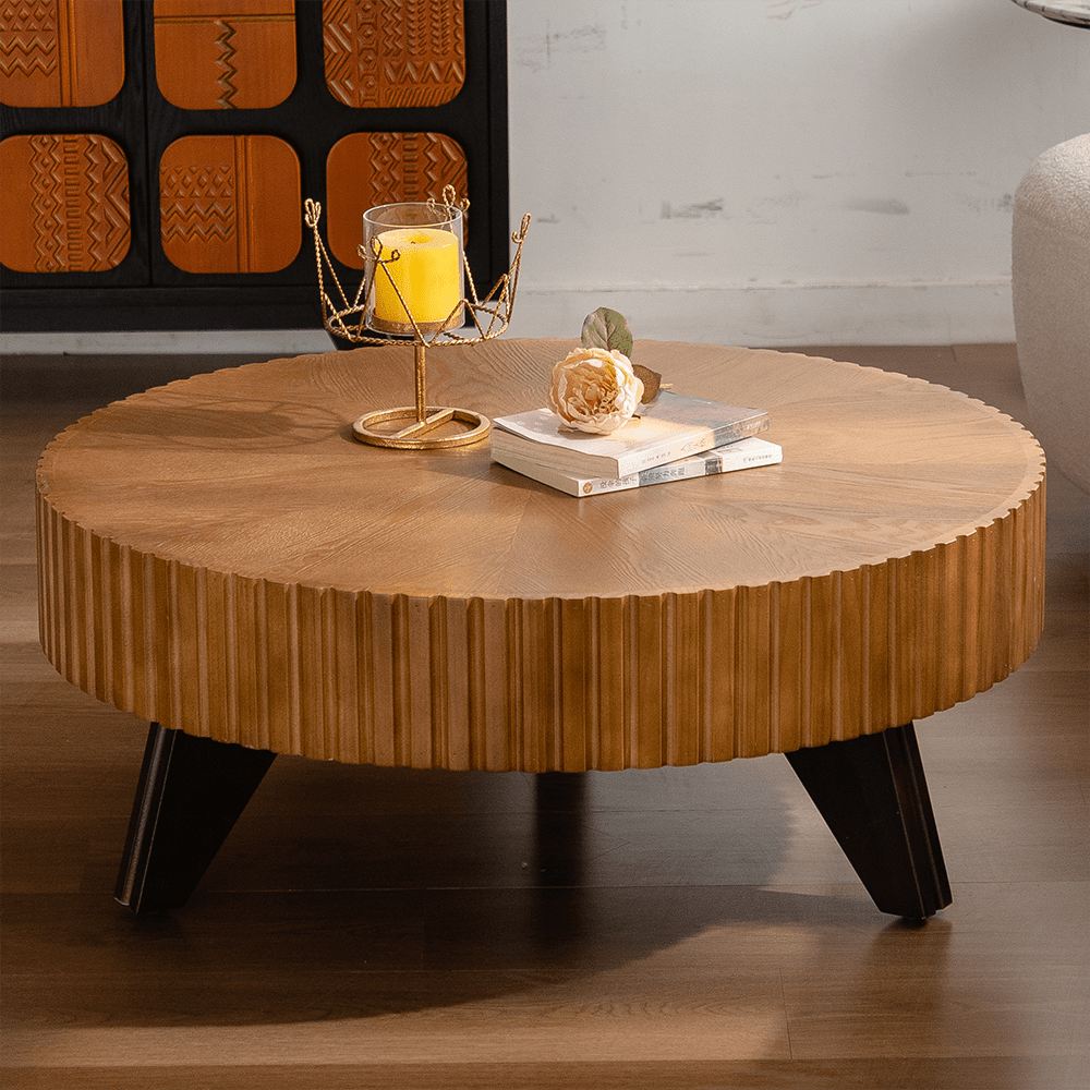 Trinkets Crazed - Solid Round Coffee Table, Pedestal Design With Rustic Wood Grain | Space-Saving Accent Table - Natural
