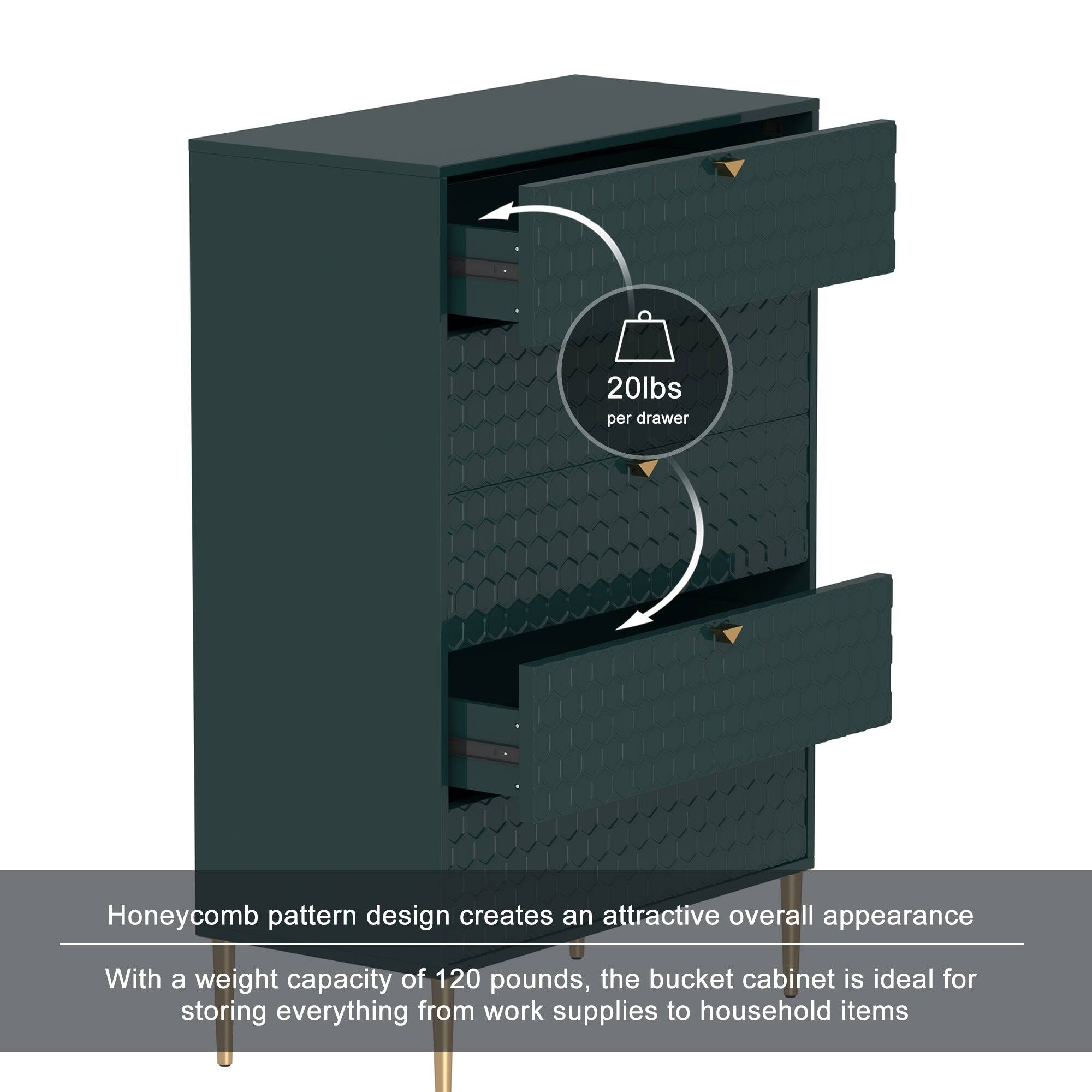 20lbs per drawer

Honeycomb pattern design creates an attractive overall appearance

With a weight capacity of 120 pounds, the bucket cabinet is ideal for storing everything from work supplies to household items