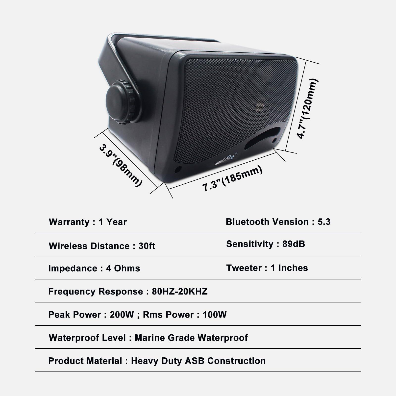 - Dimensions: 3.9" (98mm) x 7.3" (185mm) x 4.7" (120mm)
- Warranty: 1 Year
- Bluetooth Version: 5.3
- Wireless Distance: 30ft
- Sensitivity: 89dB
- Impedance: 4 Ohms
- Tweeter: 1 Inch
- Frequency Response: 80Hz-20kHz
- Peak Power: 200W
- RMS Power: 100W
- Waterproof Level: Marine Grade Waterproof
- Product Material: Heavy Duty ABS Construction