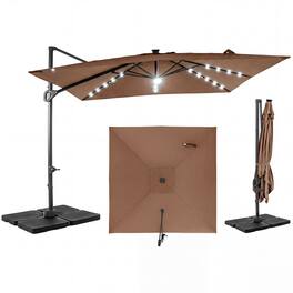 Gymax - 10 FT Cantilever Outdoor Umbrella w/ 32 Solar LED Lights & 220 LBS Base Tan & Black - Bown