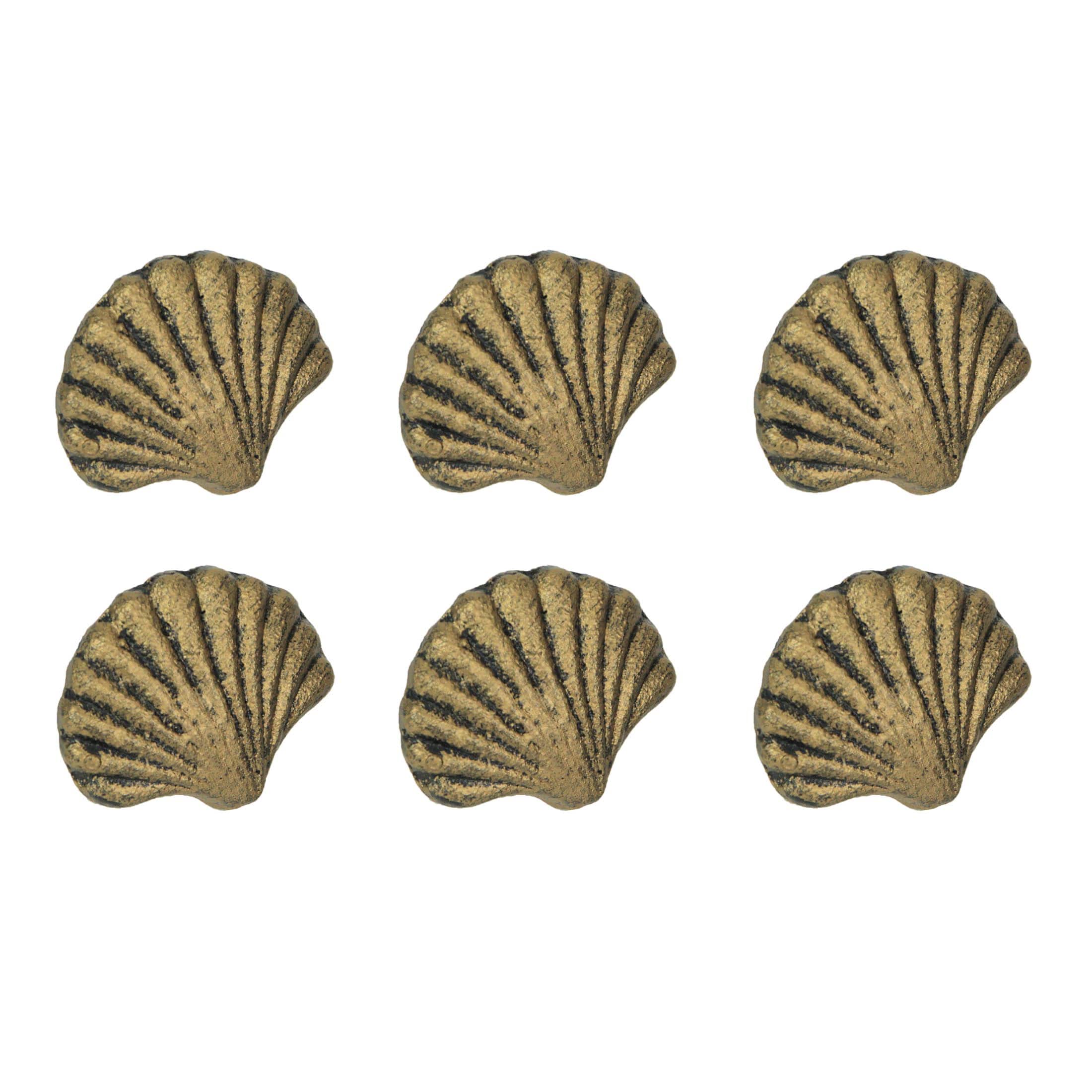 Zeckos - Set of 6 Cast Iron Scallop Sea Shell Drawer Pulls Nautical Cabinet Knobs - Gold