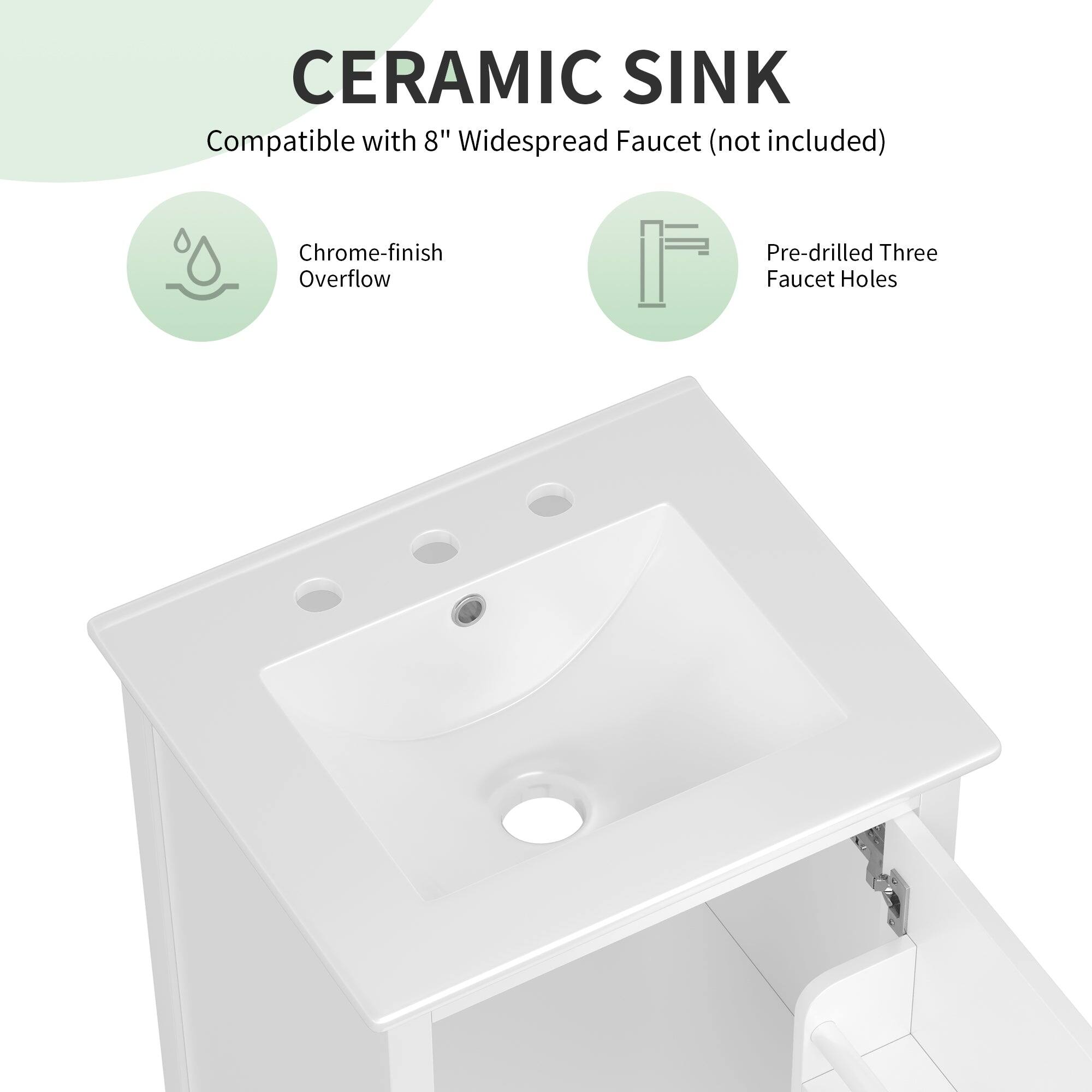CERAMIC SINK  
Compatible with 8" Widespread Faucet (not included)  
Chrome-finish Overflow  
Pre-drilled Three Faucet Holes