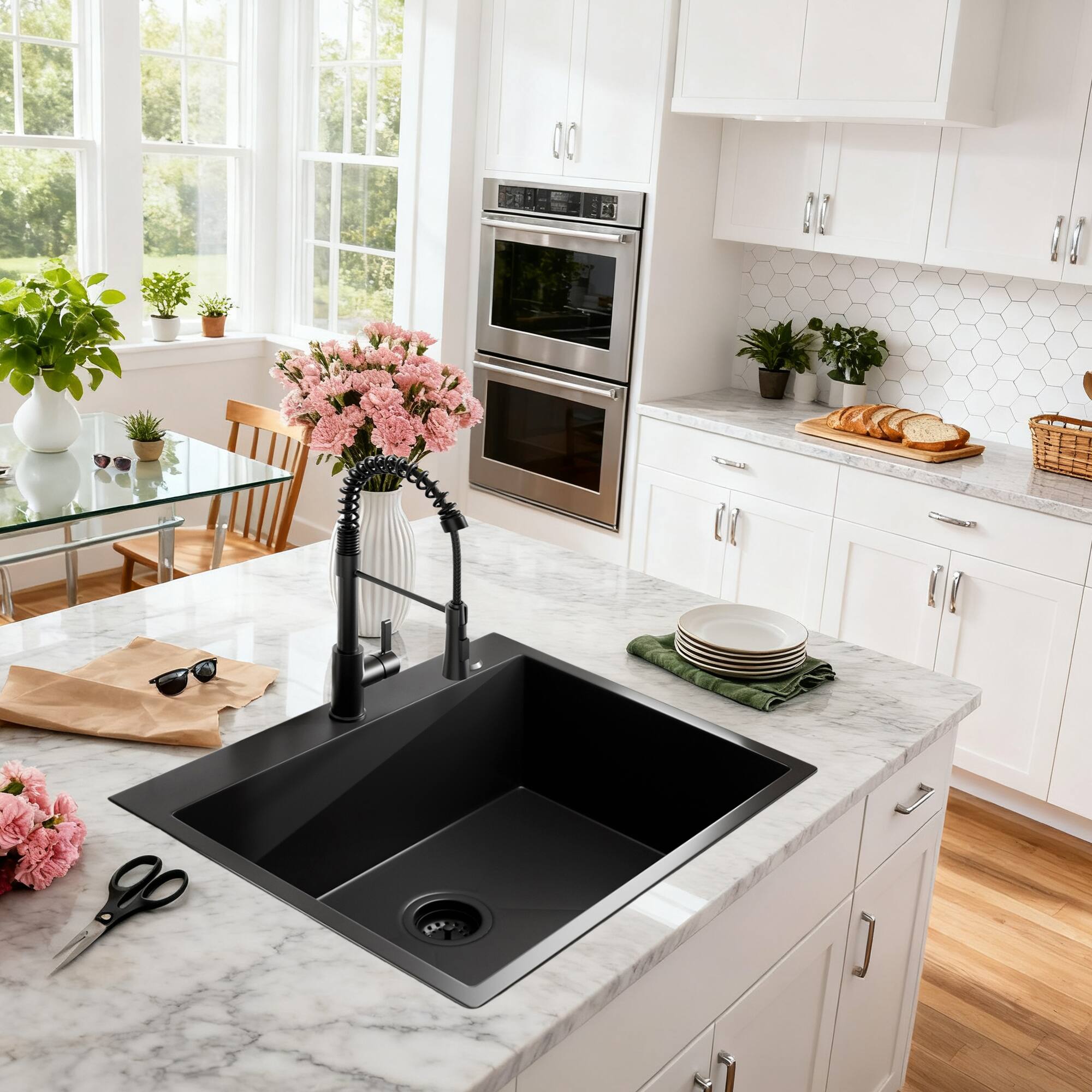 Alt View 8. Siljoy - 25 inch Black Drop-in Single Bowl Kitchen Sink 18 Gauge Stainless Steel Topmount Sink with Pull Out Spring Neck Faucet - Black.