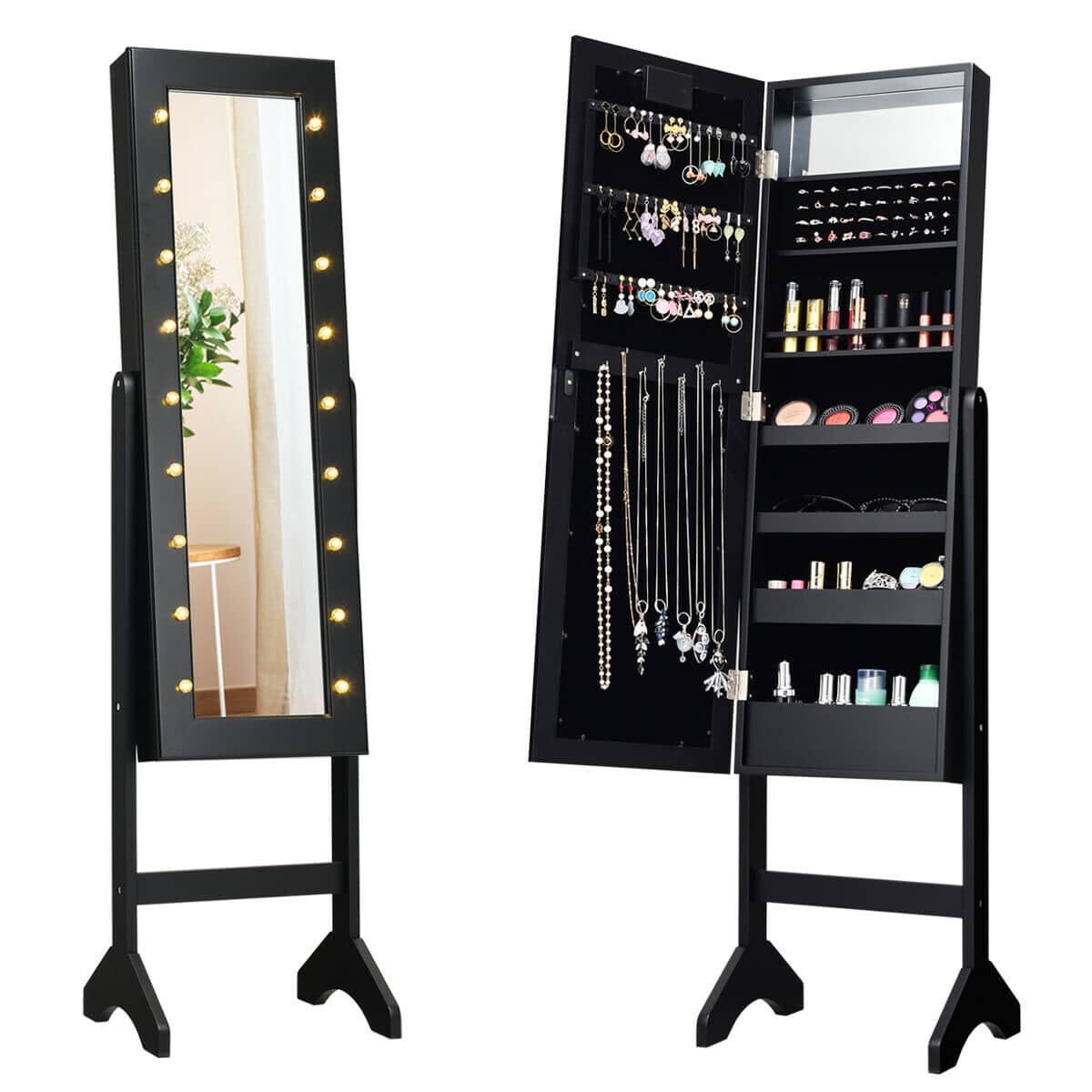 Ecooso - Freestanding Mirrored Jewelry Armoire with Full-Length Mirror and LED Lights