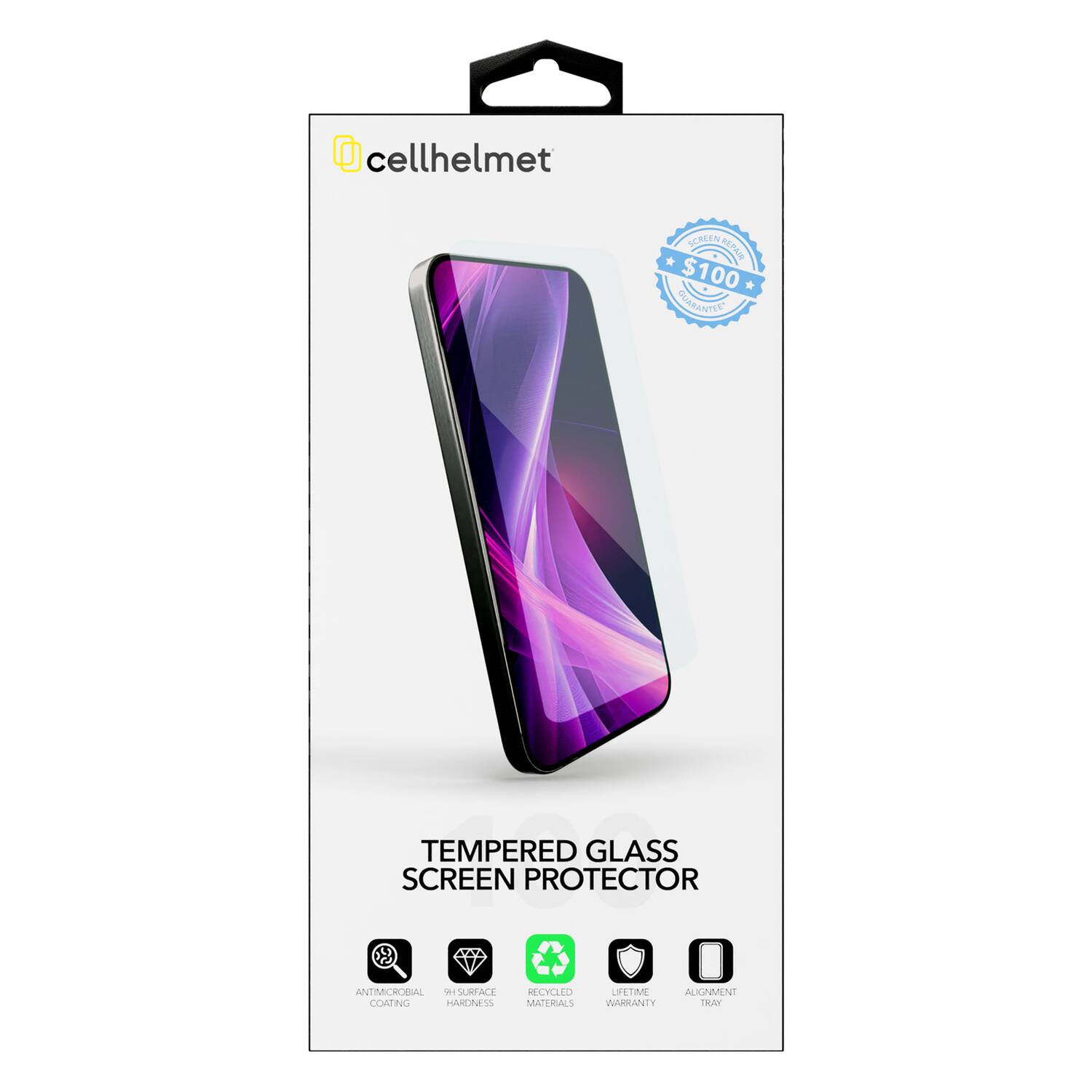 cellhelmet MRA SCREEN REPAIR $100 $ * GUARANTEED TEMPERED GLASS SCREEN PROTECTOR 2 ANTIMICROBIAL SUNFACE COATING HARNESS RECYCLED MATERIALS LIFETIME ALIGNMENT WAHHANITY TRAY