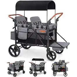 Wisairt - 4-Seater Wagon Stroller for Kids, 5-Mode Stroller Wagon with Canopy, 5-Point Harness, Push & Pull Handles - Gray
