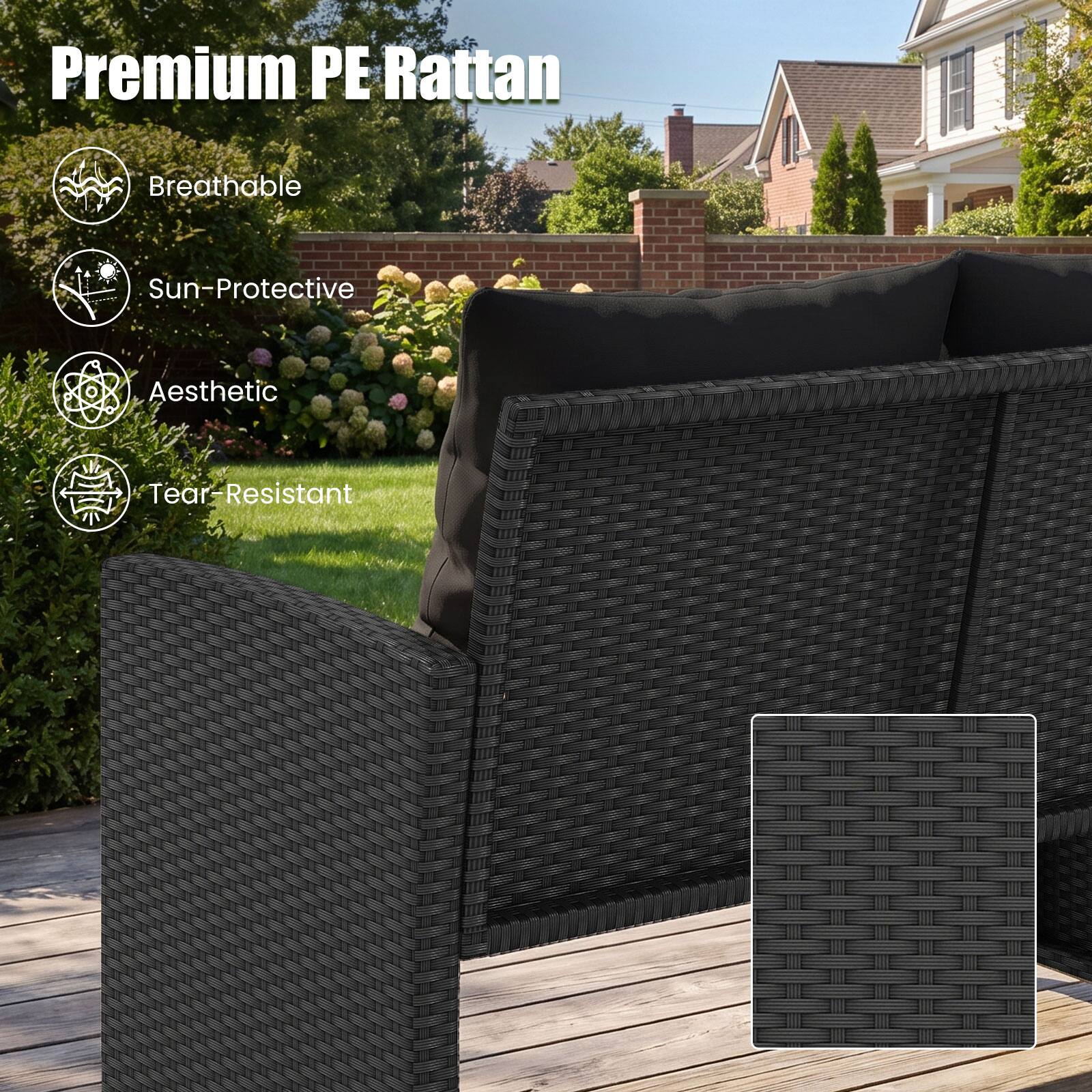 Premium PE Rattan

- Breathable
- Sun-Protective
- Aesthetic
- Tear-Resistant
