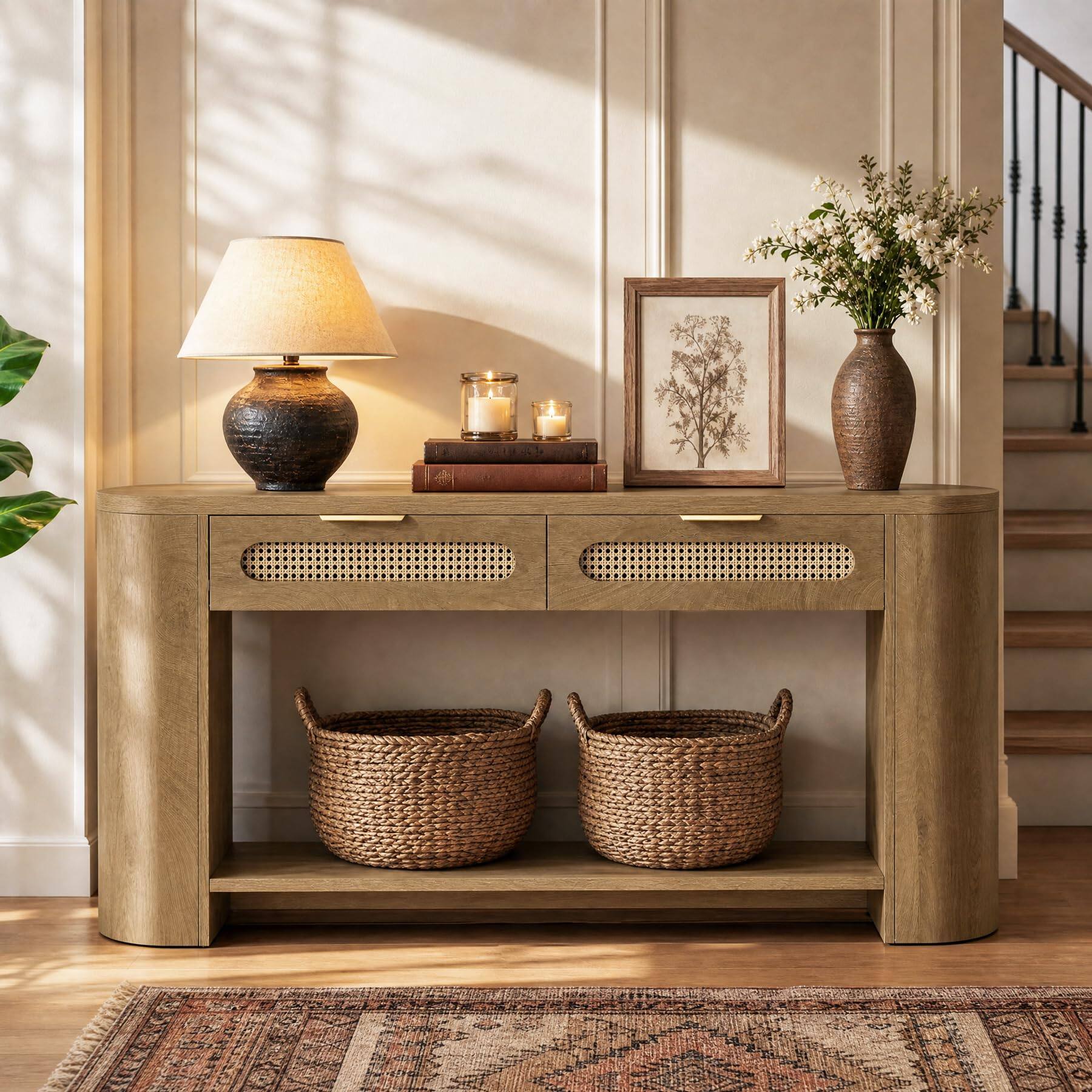 Alt View 4. Tribesigns - 55" Curved Console Table with 2 Rattan Drawers & Open Shelves - Brown.
