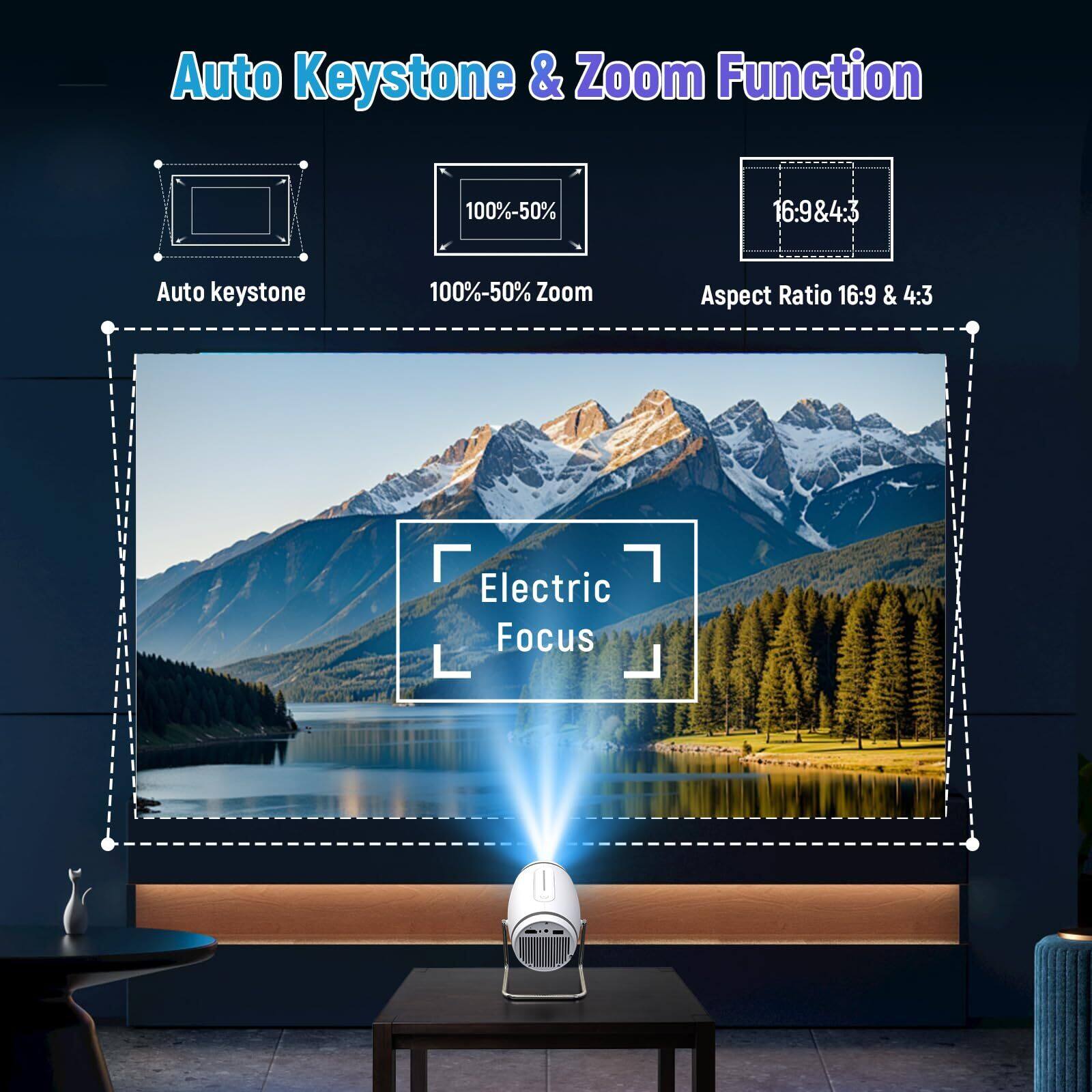Auto Keystone & Zoom Function  
Auto keystone 100%-50%  
100%-50% Zoom  
Aspect Ratio 16:9 & 4:3  
Electric Focus