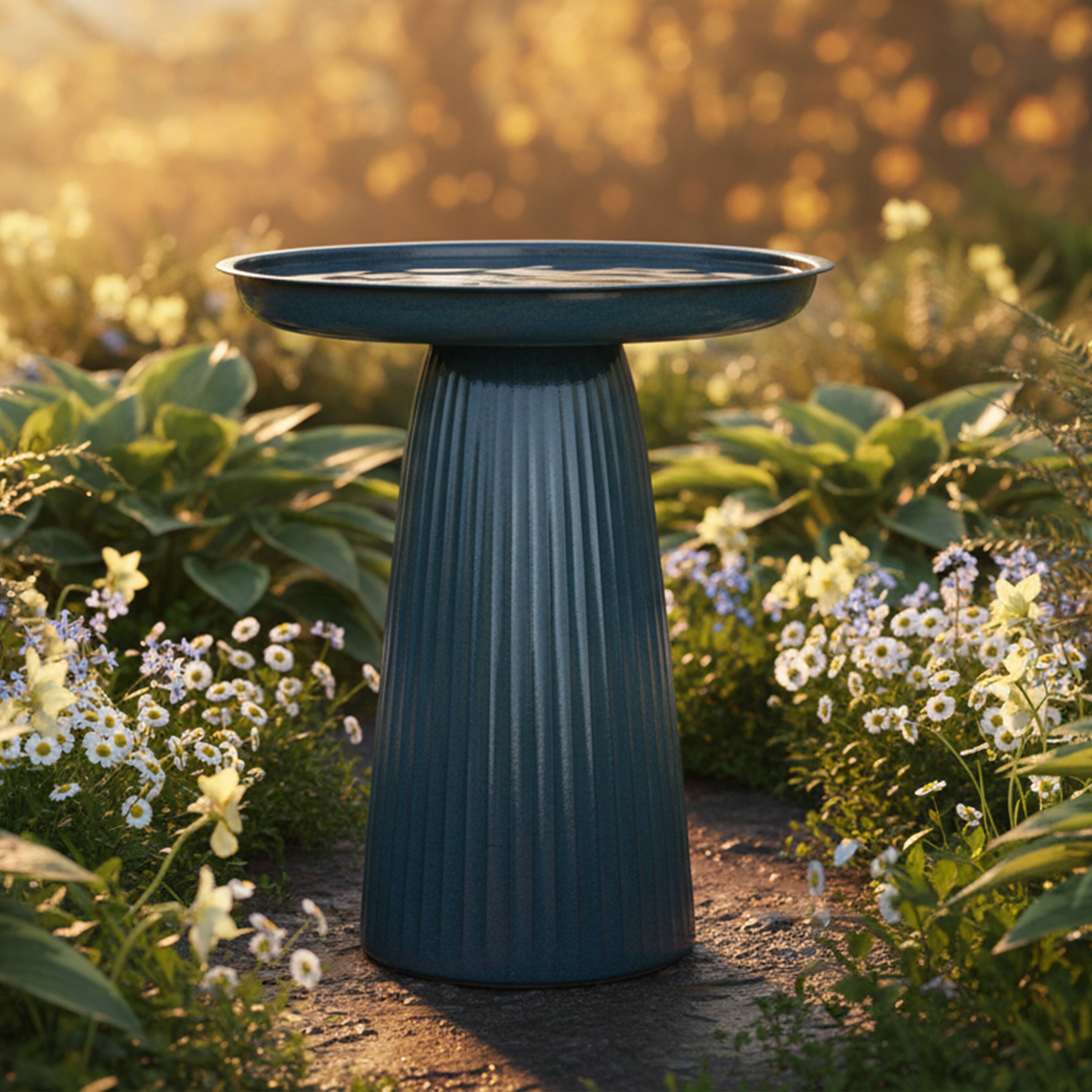 Alt View 9. Sunnydaze - Gleeful Garden Metal Outdoor Bird Bath - Blue Glaze.