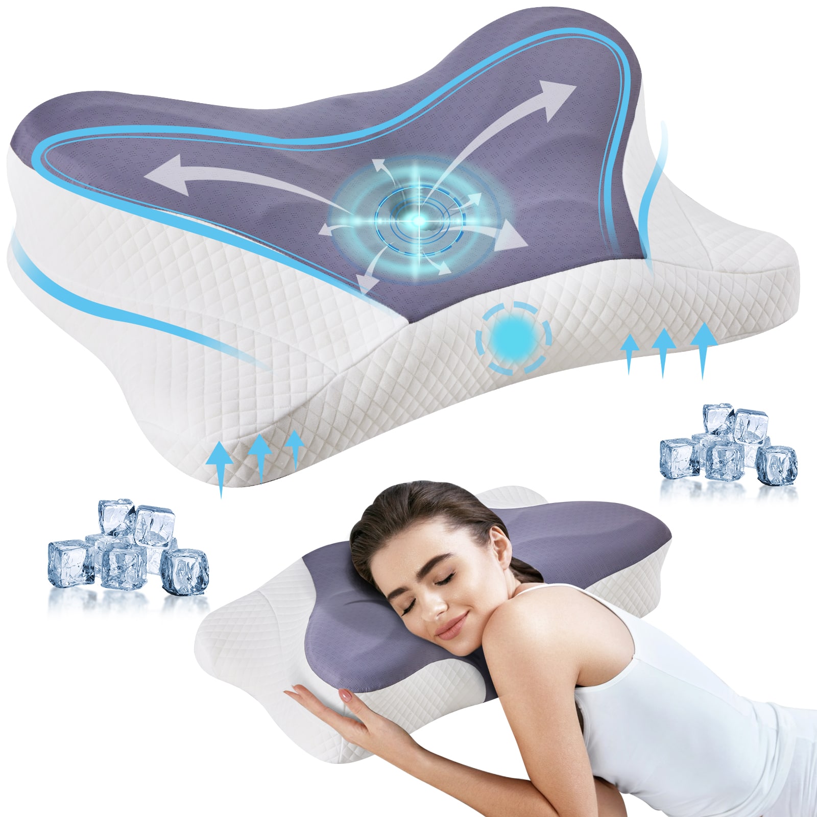 Anysun - King Cervical Neck Pillow, Cooling Ergonomic Memory Foam Pillows ，Dual Height Orthopedic Support Contour Pillow for Side - Gray