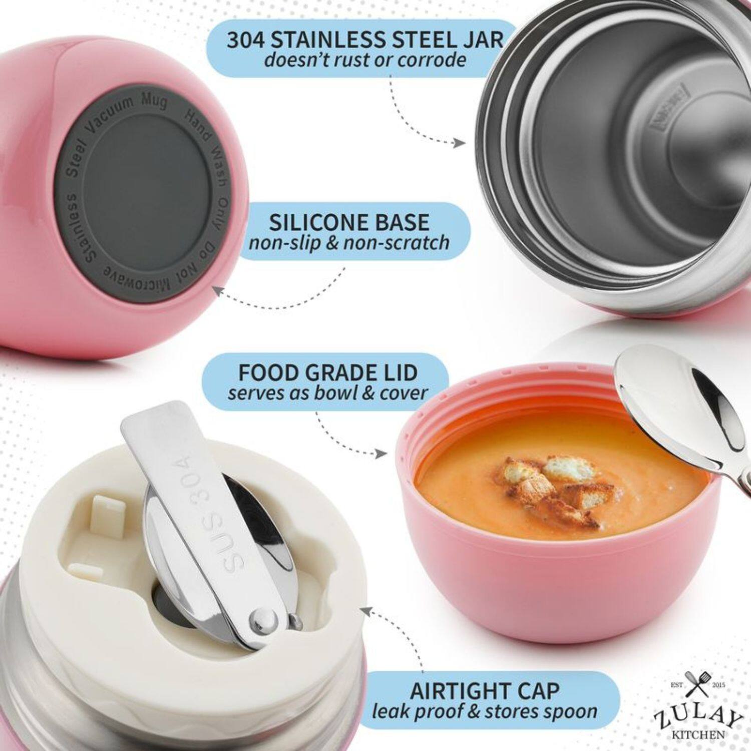 304 STAINLESS STEEL JAR doesn't rust or corrode, Mug Vacuum Hand Steel Wash Stainless Only, SILICONE BASE non-slip & non-scratch, FOOD GRADE LID serves as bowl & cover, AIRTIGHT CAP leak proof & stores spoon, ZULAY KITCHEN