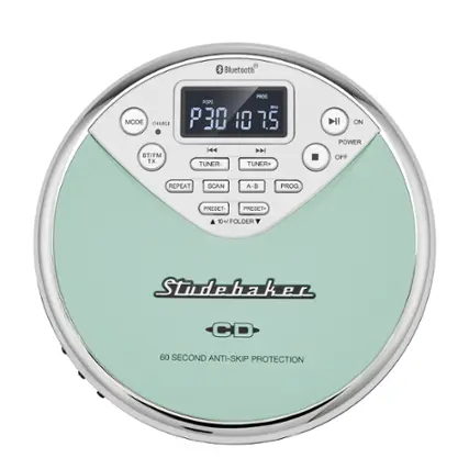 The text on the image reads:
Bluetooth MODE CHARGE BT/FM TX PROG POPS M P38 10 75 H D TUNER- TUNER+ ON POWER OFF REPEAT SCAN A-B PROG PRESET- PRESET 10+/FOLDER Studebaker CD 60 SECOND ANTI-SKIP PROTECTION