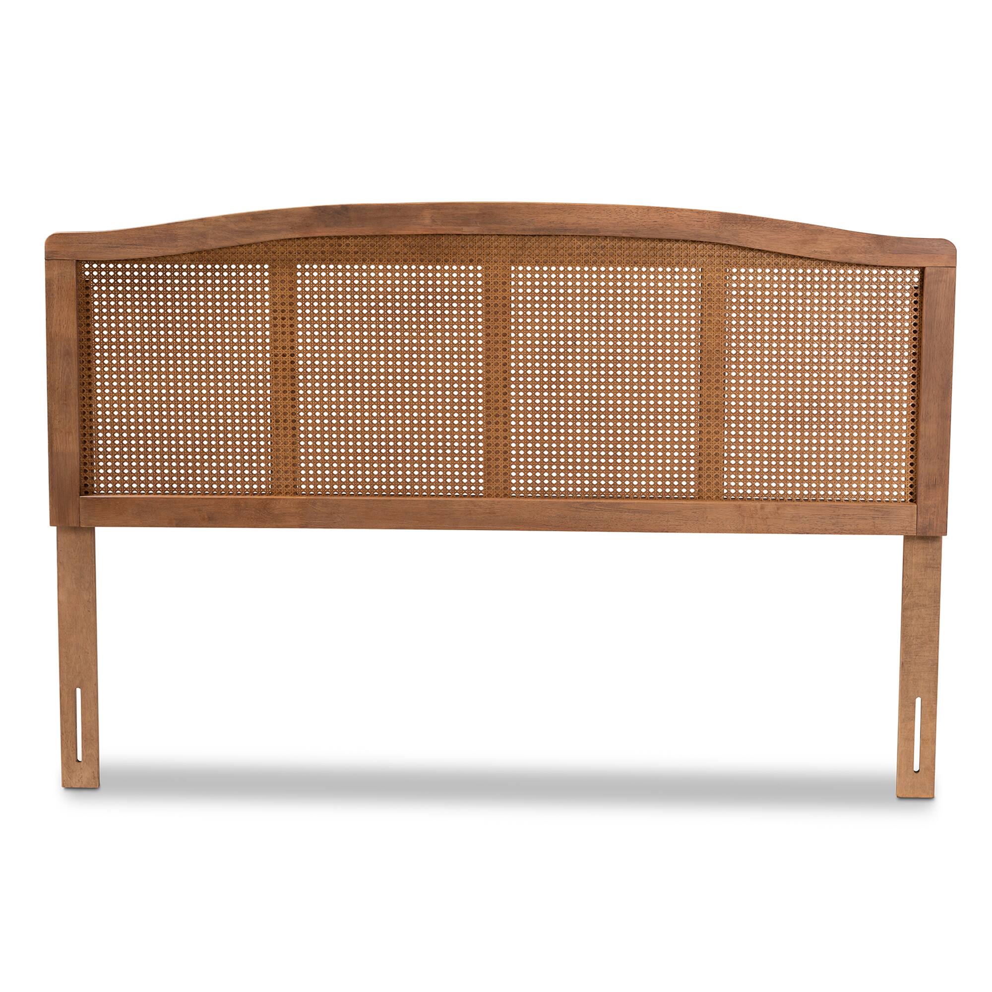 Angle. Baxton Studio - Marieke Mid-Century Modern Finished Wood and Synthetic Rattan King Size Headboard - Ash walnut.