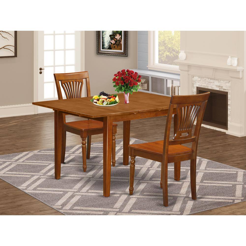 Back. East West Furniture - 3 Pc Milan Kitchen Table featuring Leaf and 2 Wood Dinette Chairs in Saddle Brown . - Saddle Brown.