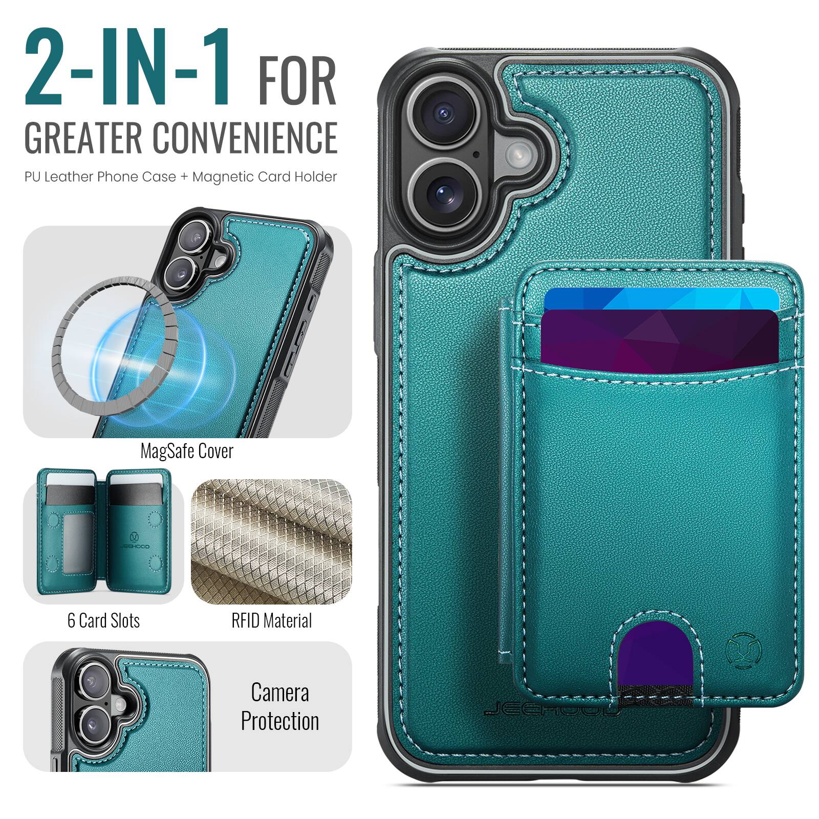2-IN-1 FOR GREATER CONVENIENCE  
PU Leather Phone Case + Magnetic Card Holder  

MagSafe Cover  
6 Card Slots  
RFID Material  
Camera Protection  

JEEHOOU