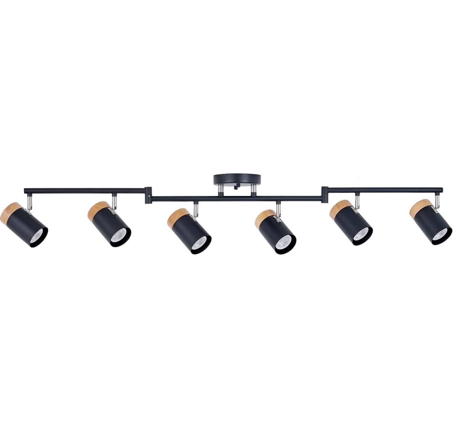 Dazzed Corner - 6-Light Track Lighting with Natural Wood Accents, Adjustable Beams and Rotating Spotlights - Black