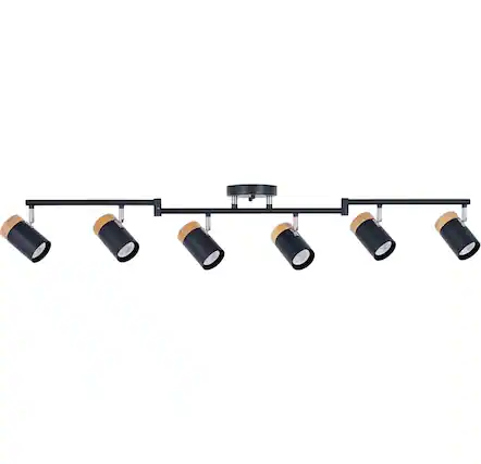 Front. Dazzed Corner - 6-Light Black Track Lighting with Natural Wood Accents, Adjustable Beams and Rotating Spotlights - Black.