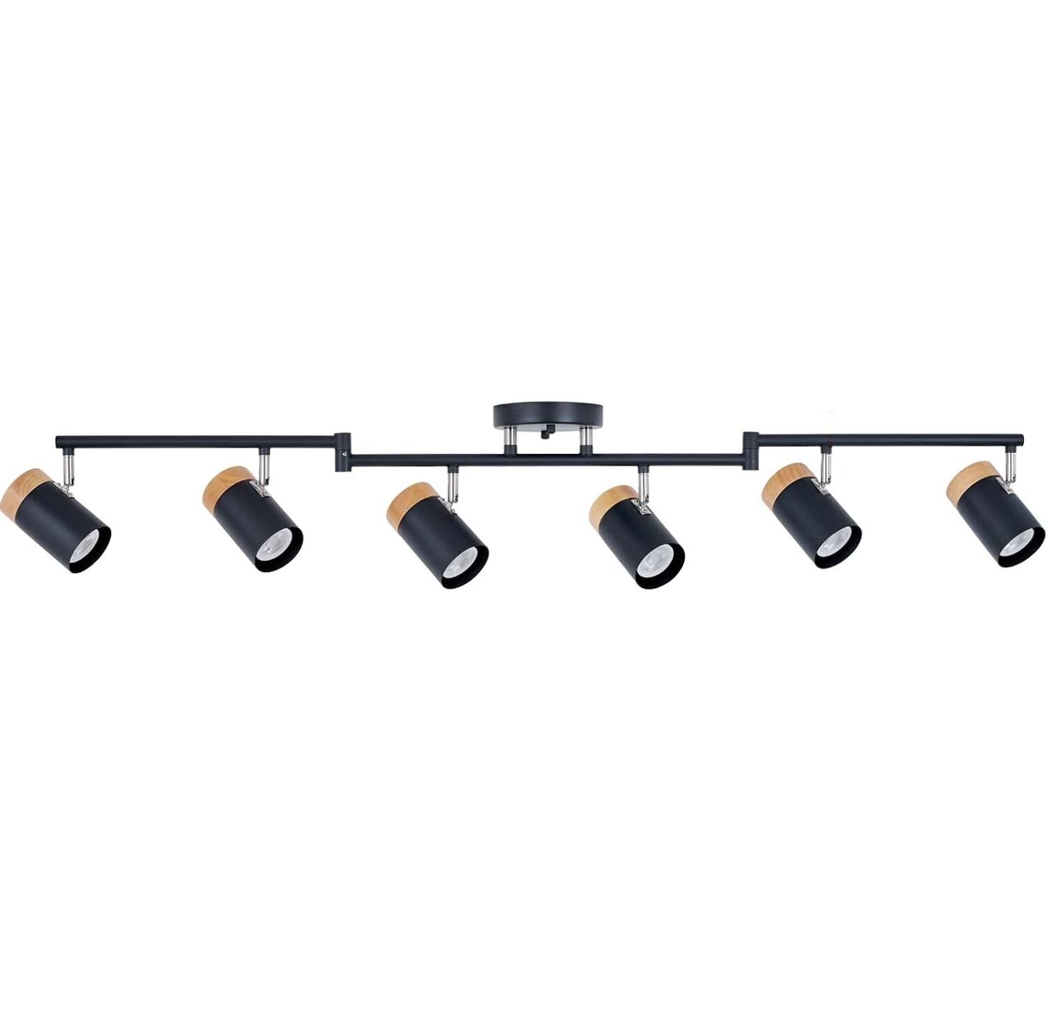 Front. Dazzed Corner - 6-Light Black Track Lighting with Natural Wood Accents, Adjustable Beams and Rotating Spotlights - Black.
