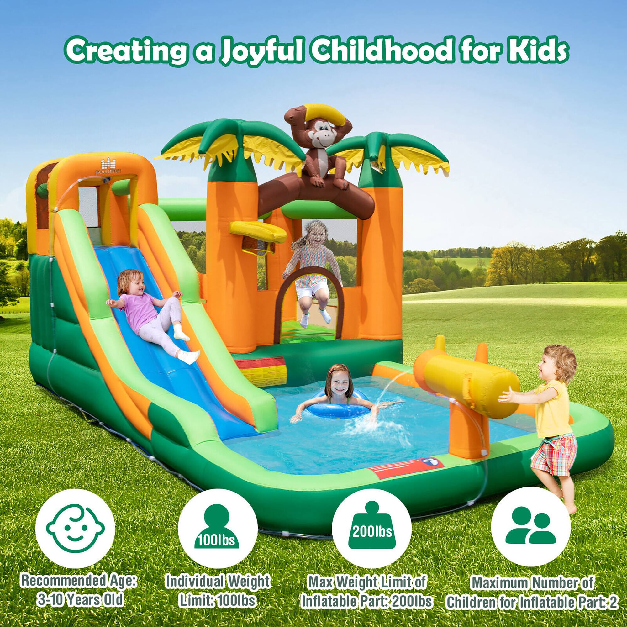 Creating a Joyful Childhood for Kids

Recommended Age: 3-10 Years Old

Individual Weight Limit: 100lbs

Max Weight Limit of Inflatable Part: 200lbs

Maximum Number of Children for Inflatable Part: 2